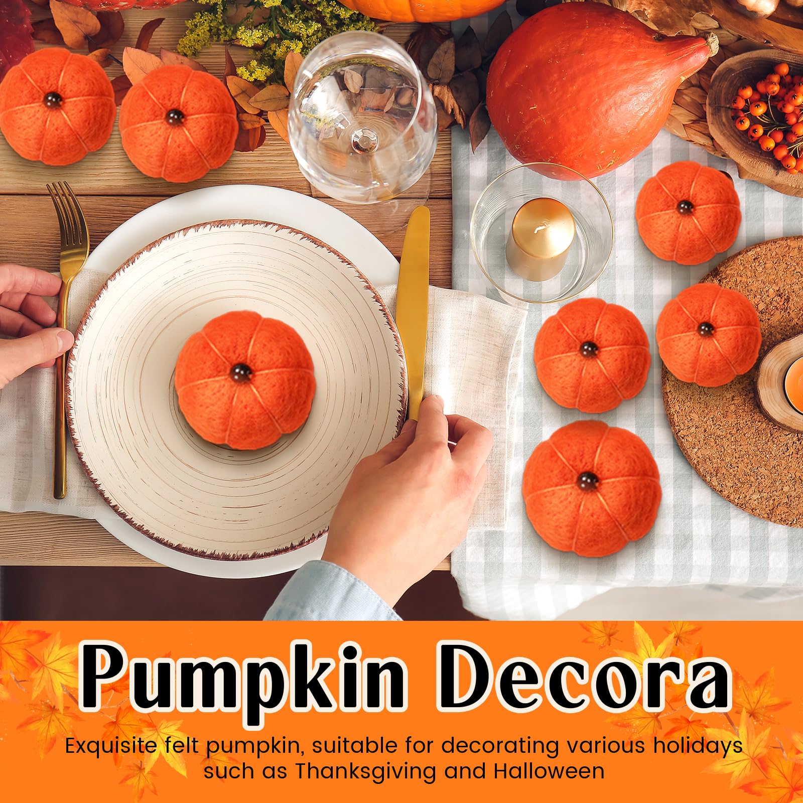 HunnmingRe 24 Pcs Miniature Felt Pumpkins Orange 1.8 Inch Fall Decor