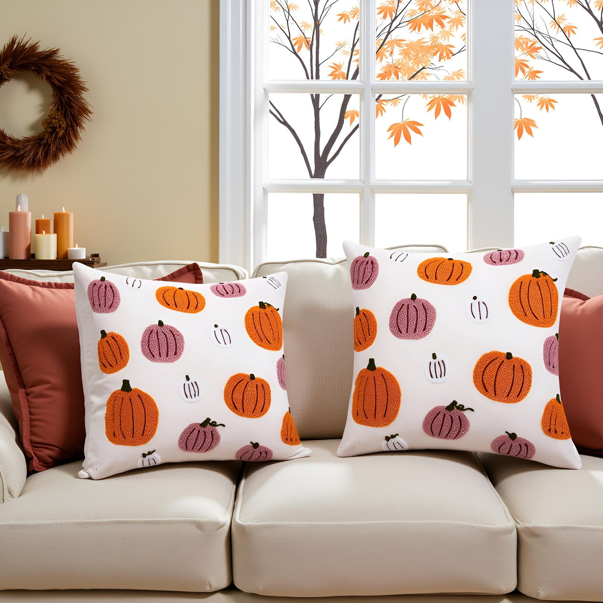 Tosleo Thanksgiving Pillow Covers 20x20 Set of 2 Halloween Pink and Orange Pumpkins Embroidered Pillow Cases Thanksgiving Home Party Pumpkin Fall Decor Pillowcases Cushion Covers