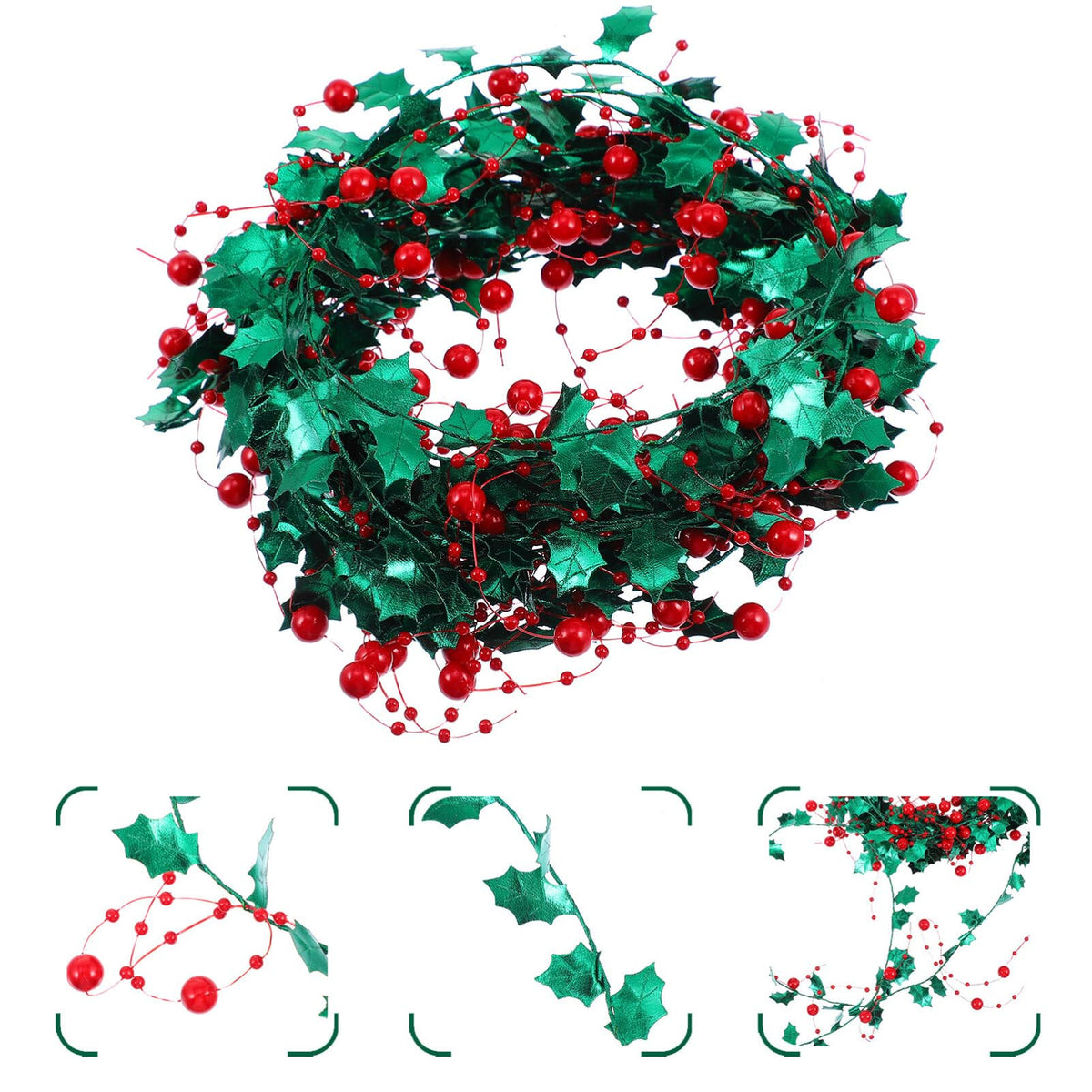 Veemoon 1 Roll Christmas Star Garland with Red Holly Berries 5M Green and Red Tinsel Wire Garland for Home Wedding Birthday Party Decorations