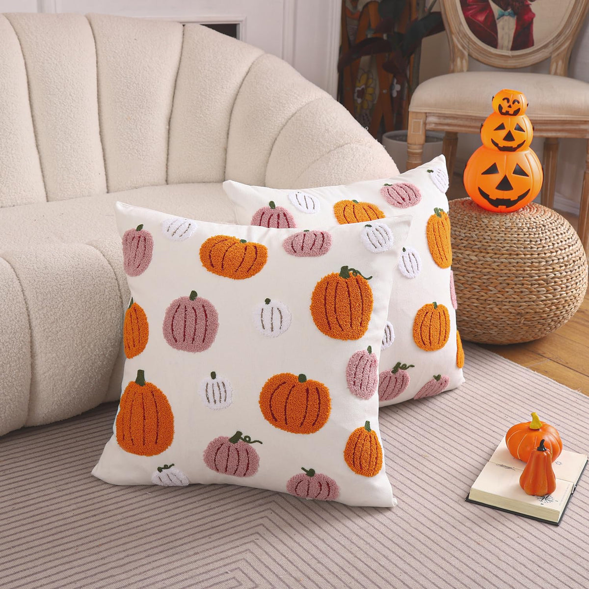 Tosleo Thanksgiving Pillow Covers 20x20 Set of 2 Halloween Pink and Orange Pumpkins Embroidered Pillow Cases Thanksgiving Home Party Pumpkin Fall Decor Pillowcases Cushion Covers