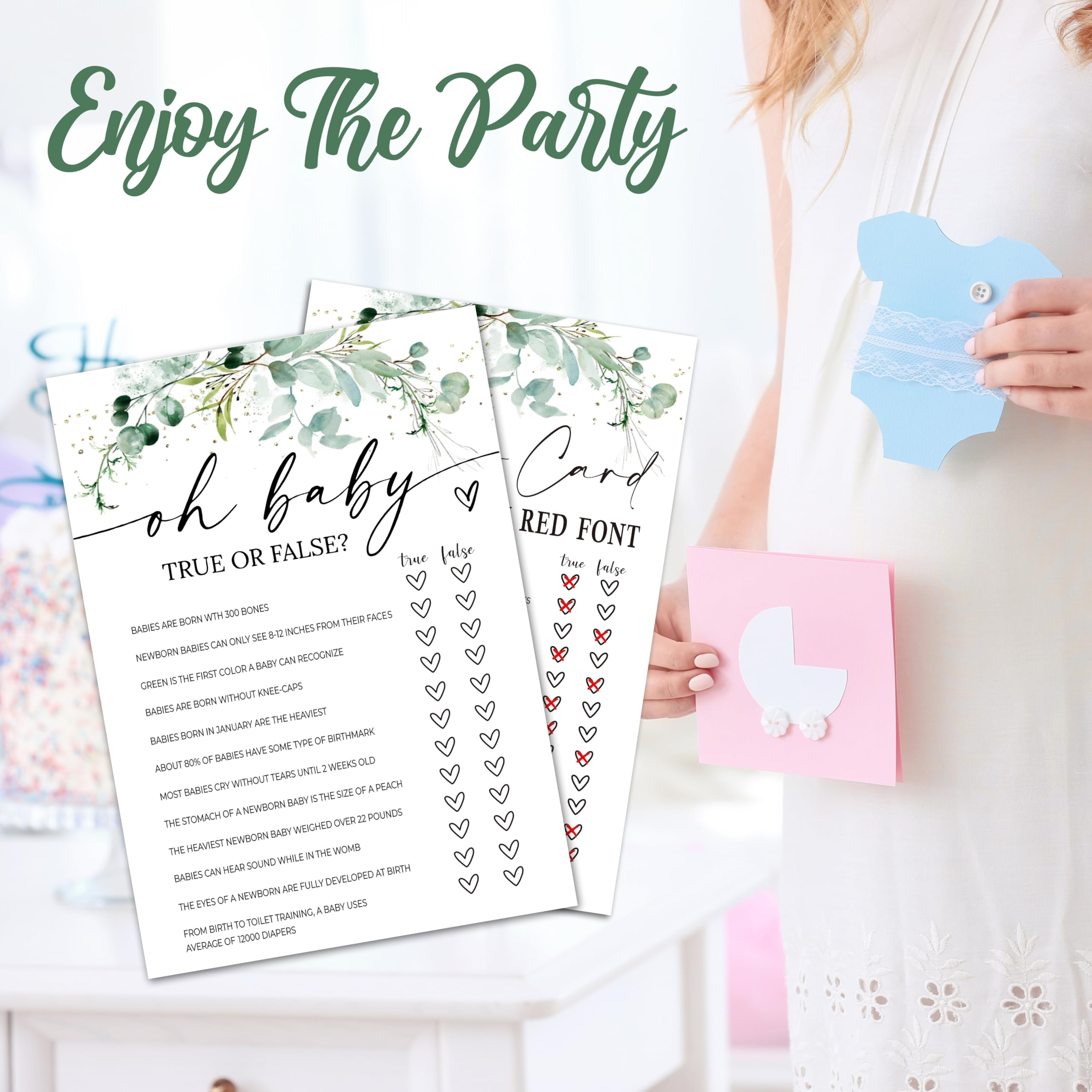 AKTFV Baby Shower Game Cards True Or False Set of 30 Greenery Double Sided
