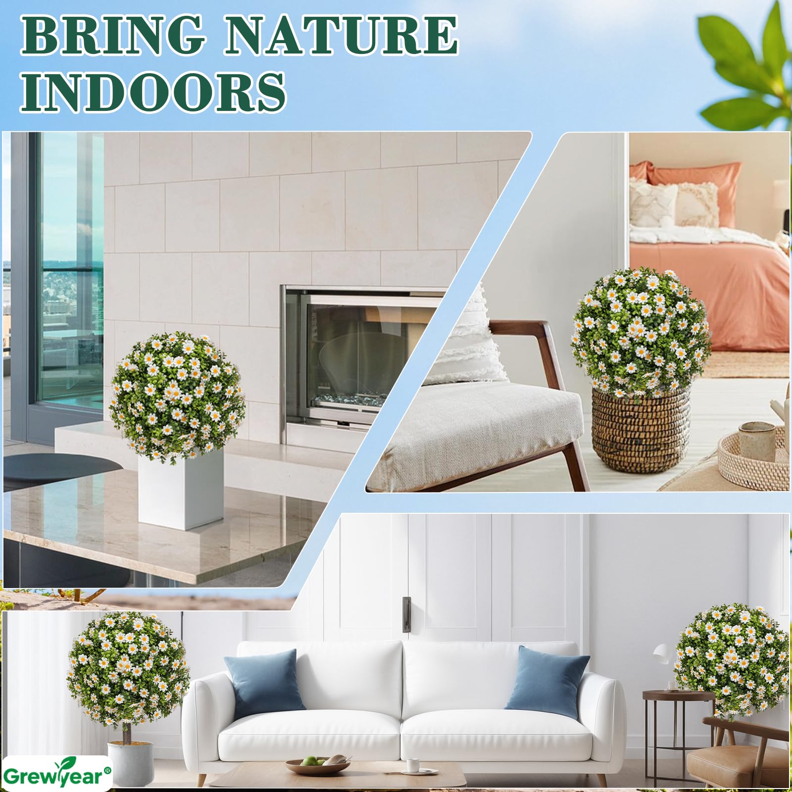 Grewyear Set of 2 Artificial Topiary Ball Trees with White Mum Outdoor