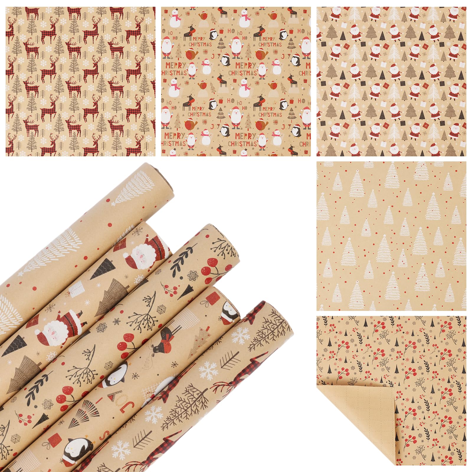 Qukou Christmas Wrapping Paper Kraft Brown Reindeer Woodlands 17ft x 50ft 5Rolls