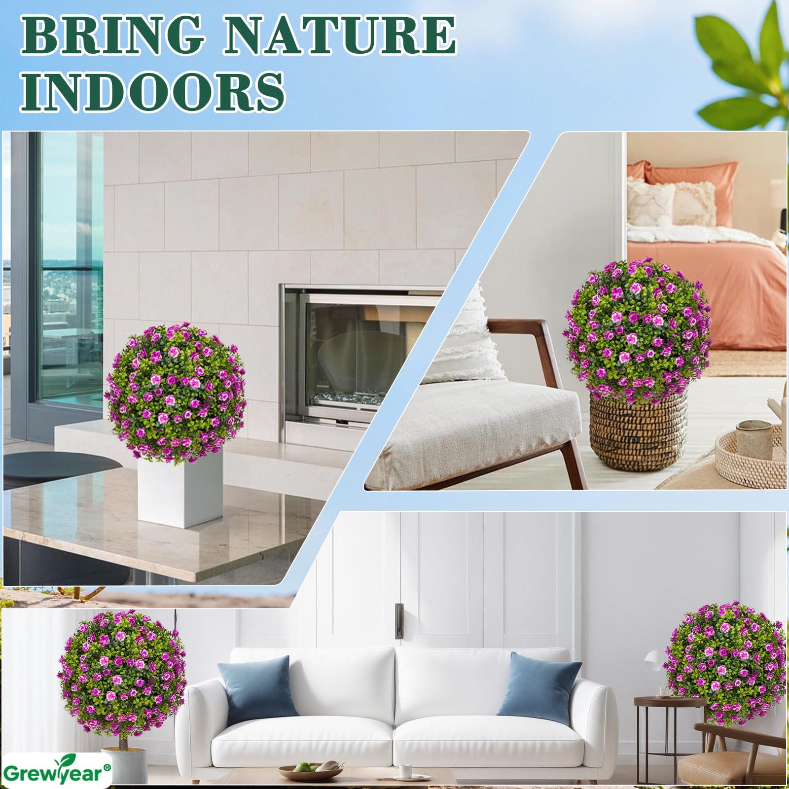 Grewyear Artificial Purple Rose Topiary Ball Trees Set of 2 UV Resistant