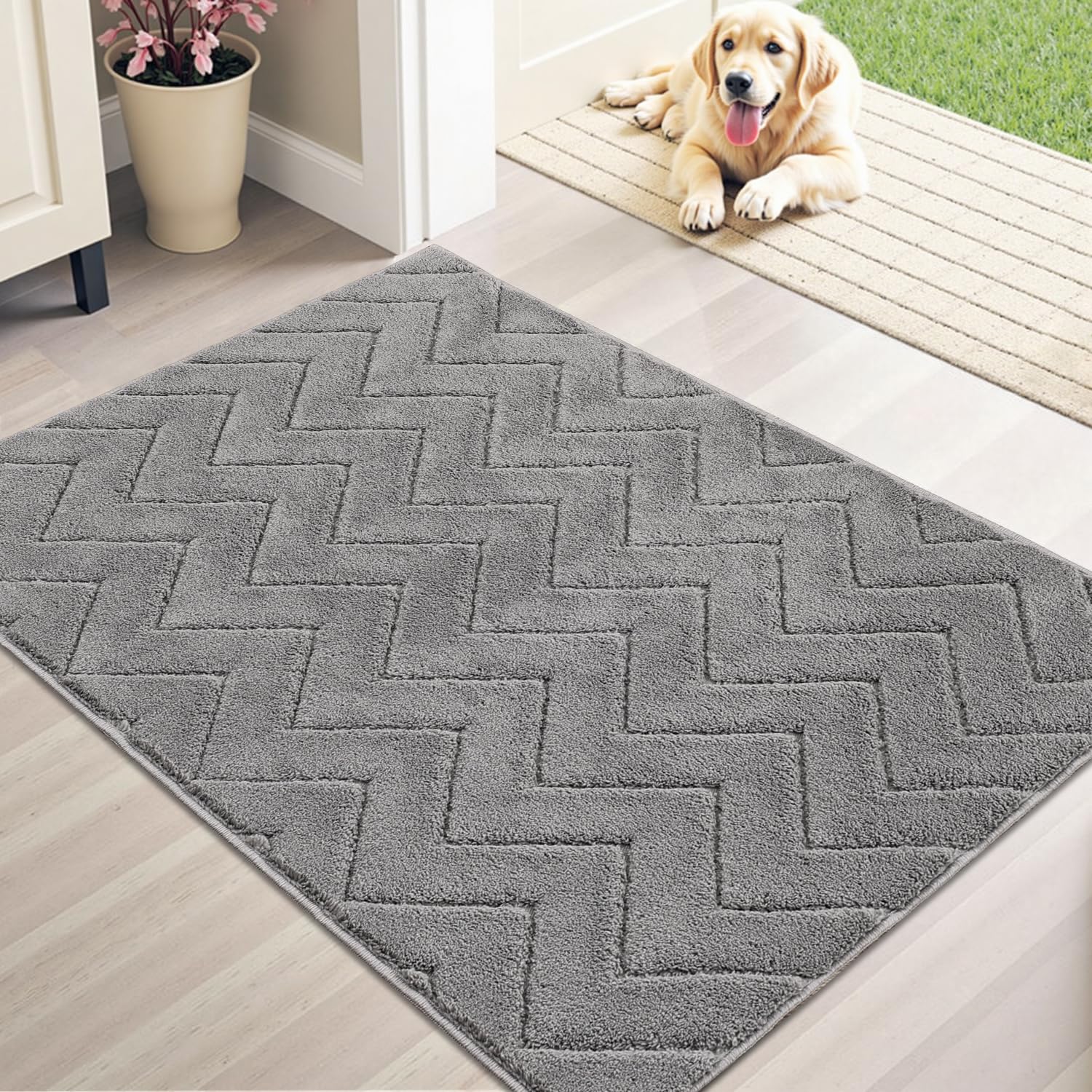 Stiio Bathroom Rug Non Slip Washable Mat 24x35 Grey Polyester Geometric