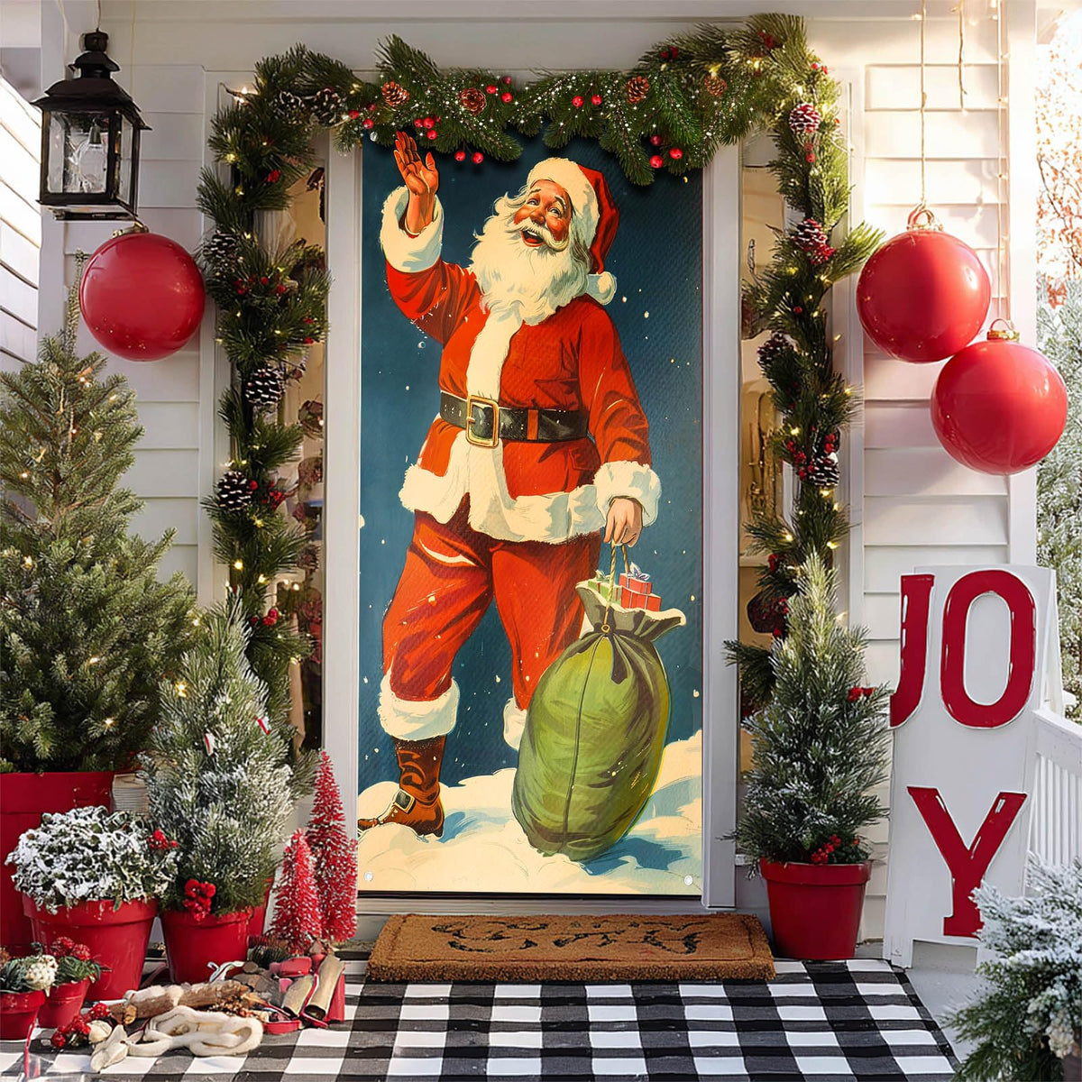 BlissYard Vintage Santa Door Cover 71x35 Inch Classic Christmas Door Covers