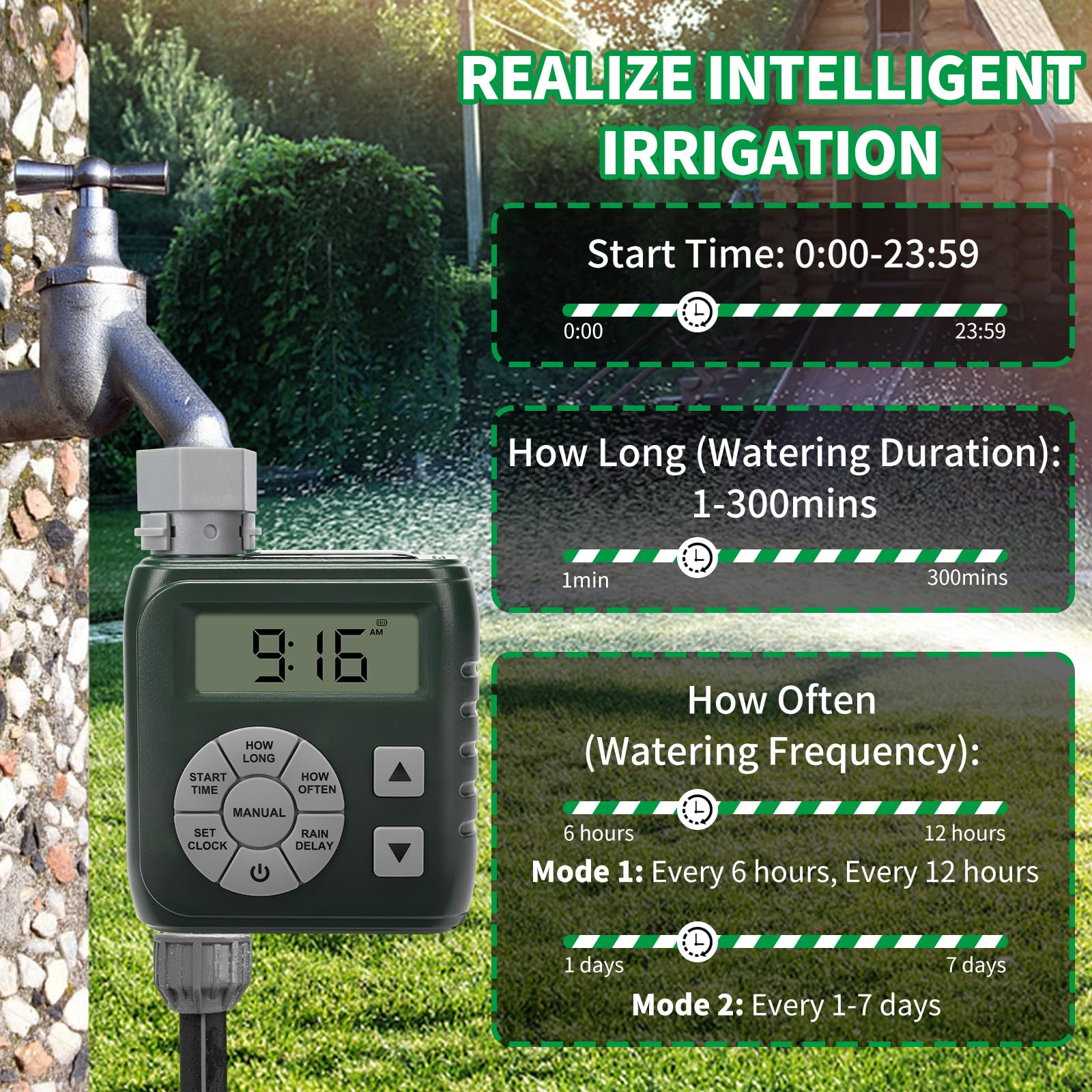 Zuomeng Programmable Sprinkler Timer Garden Hose Solar Battery Dual Power Green
