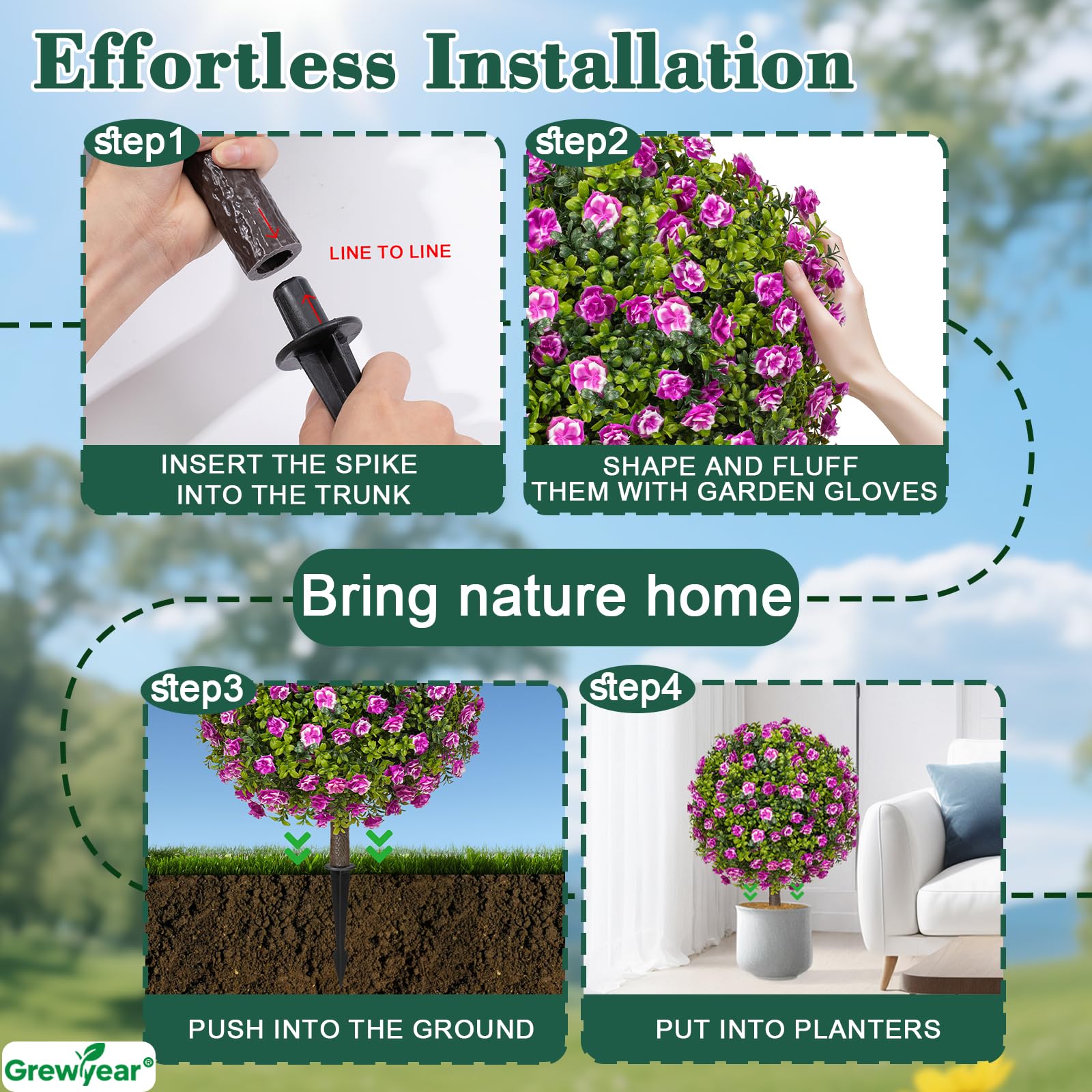 Grewyear Artificial Purple Rose Topiary Ball Trees Set of 2 UV Resistant