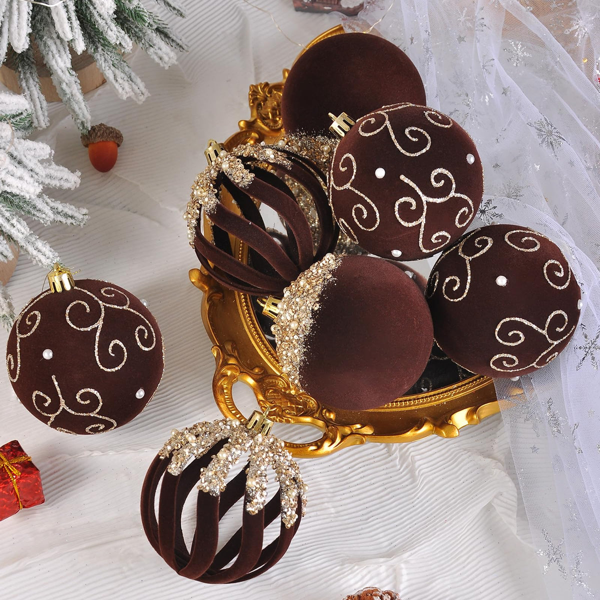 HRONG 9PCS 3.15-Inch Red Velvet Glitter Christmas Ball Ornaments,Luxury