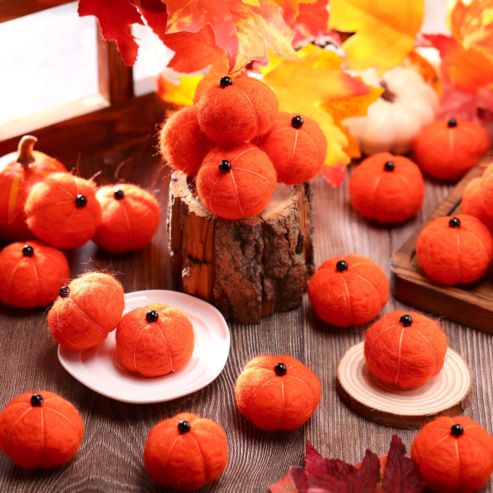 HunnmingRe 24 Pcs Miniature Felt Pumpkins Orange 1.8 Inch Fall Decor