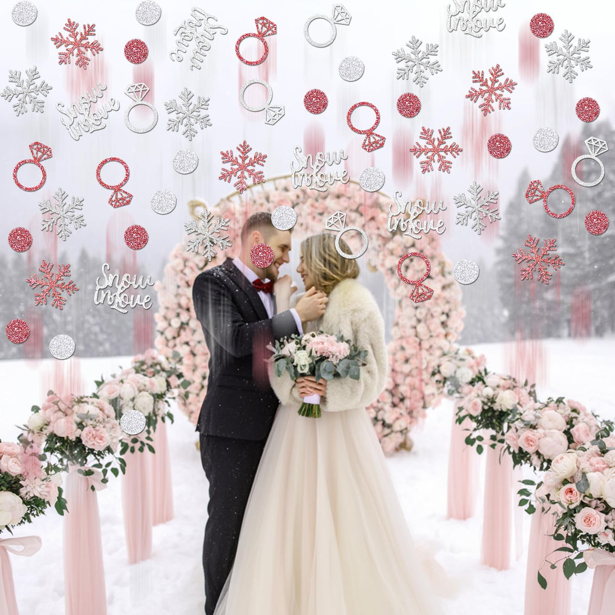 Gybeizhu 200pcs Snowflake Wedding Confetti for Tables, Rose Gold and Silver Glitter Snow In Love, Snowflakes and Ring Confetti for Wedding Bachelorette Bridal Shower Engagement Party Decorations.