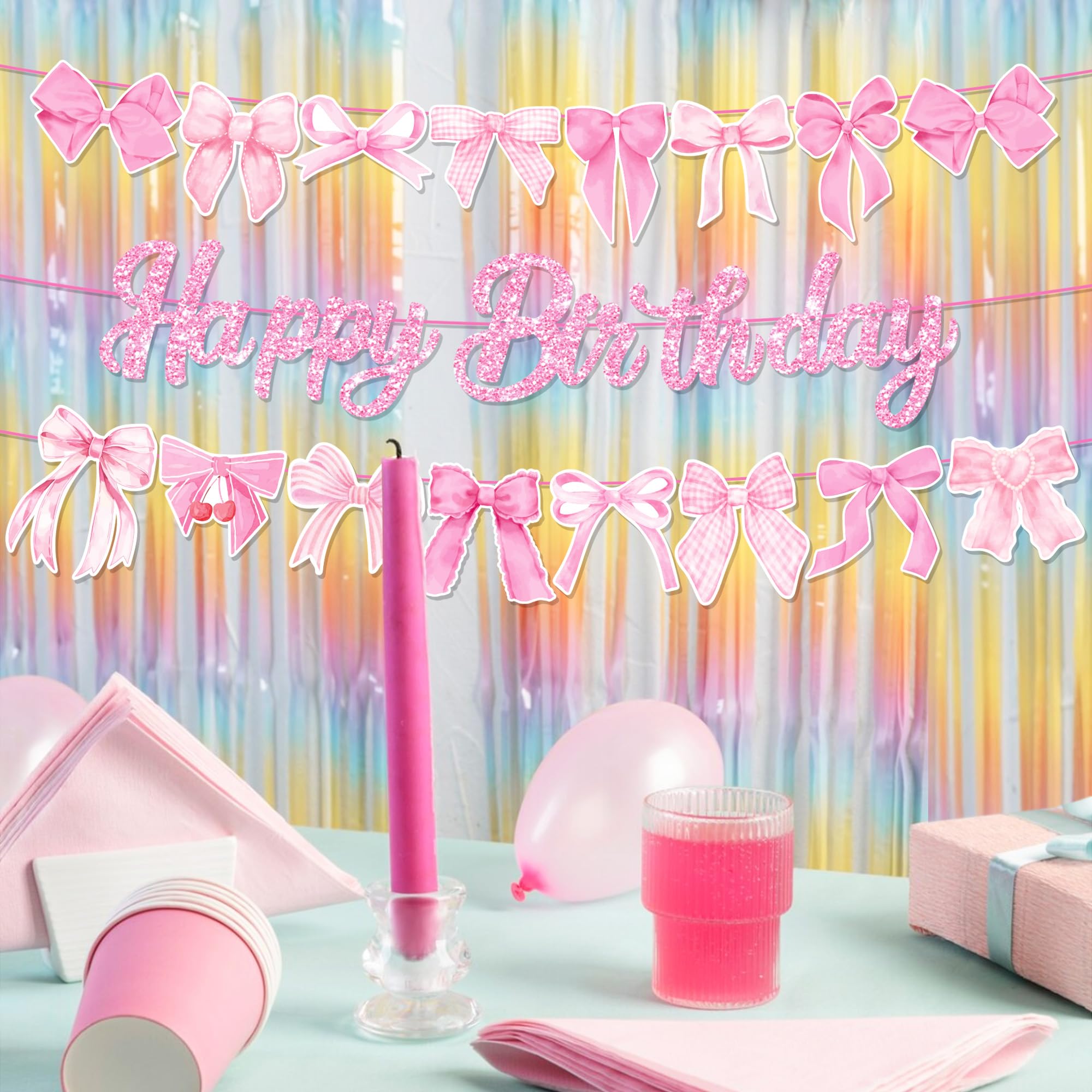 Lide Road 3Pcs Pink Bow Birthday Party Banner Pink White Bows 3 Count