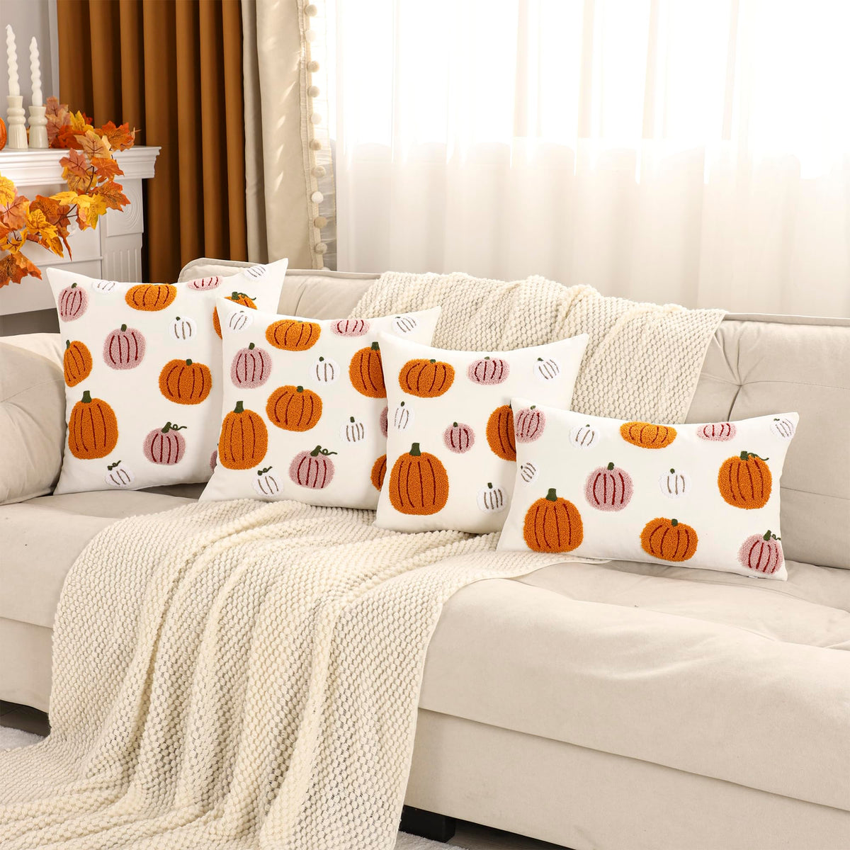Tosleo Thanksgiving Pillow Covers 20x20 Set of 2 Halloween Pink and Orange Pumpkins Embroidered Pillow Cases Thanksgiving Home Party Pumpkin Fall Decor Pillowcases Cushion Covers