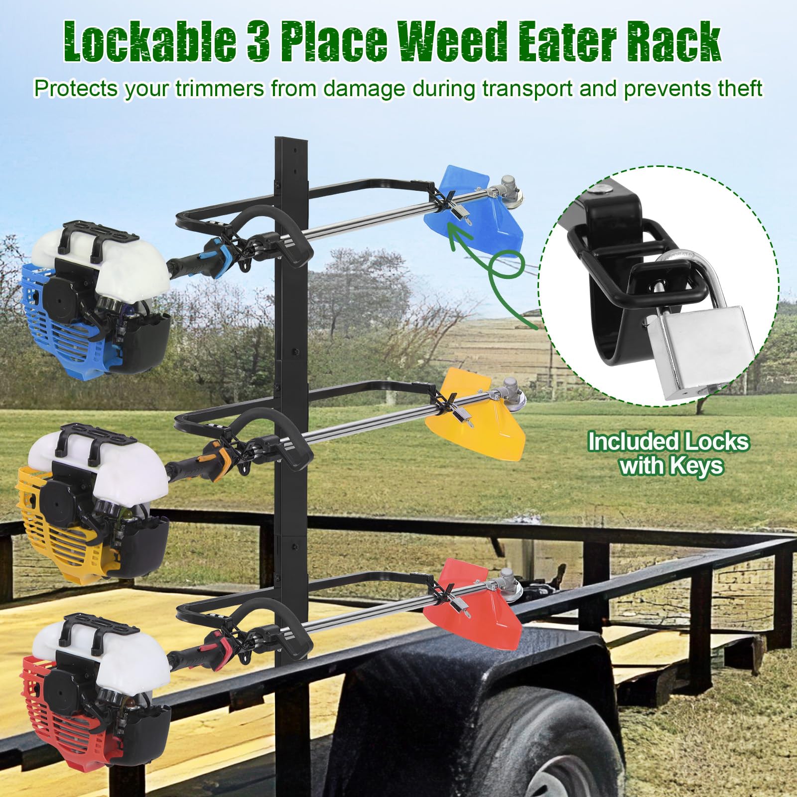 CAROD 3-Place Steel Weed Eater Rack for Trailer Lawn Equipment with Locks