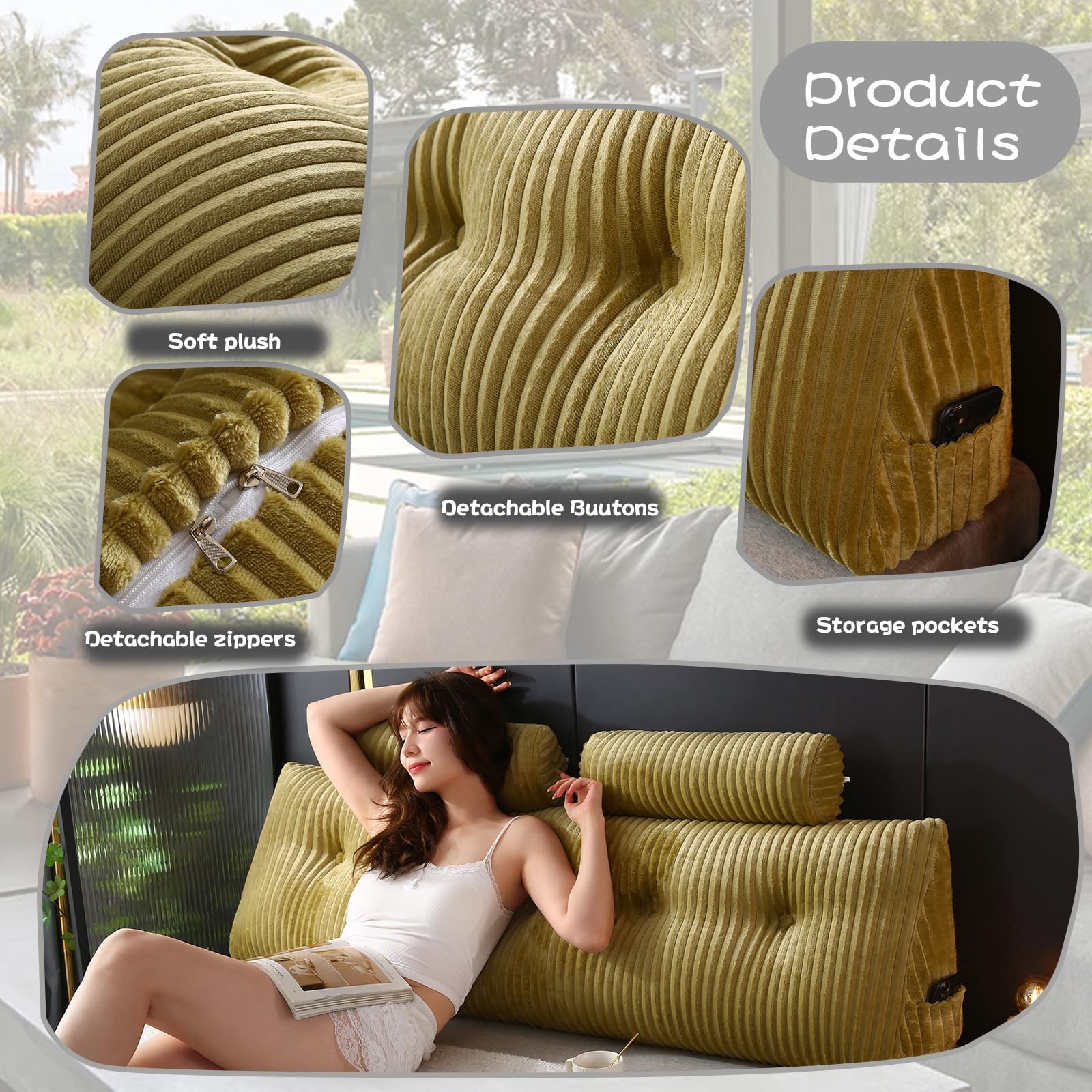 Ziihome Large Wedge Headboard Pillow with 2 Neck Roll Pillows Saddle Brown Queen