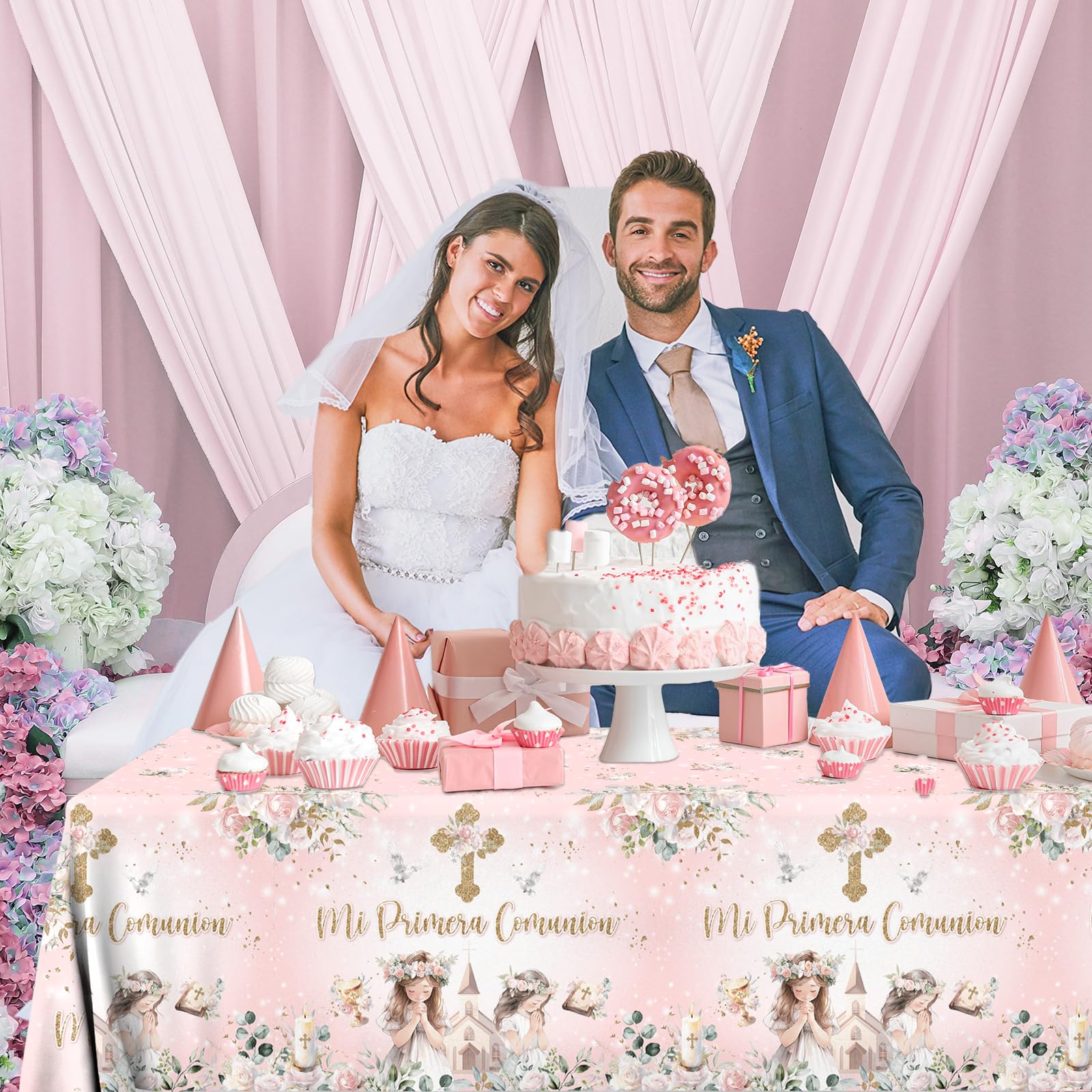 Juweked 3Pcs Pink Floral First Communion Plastic Table Cloth Decorations