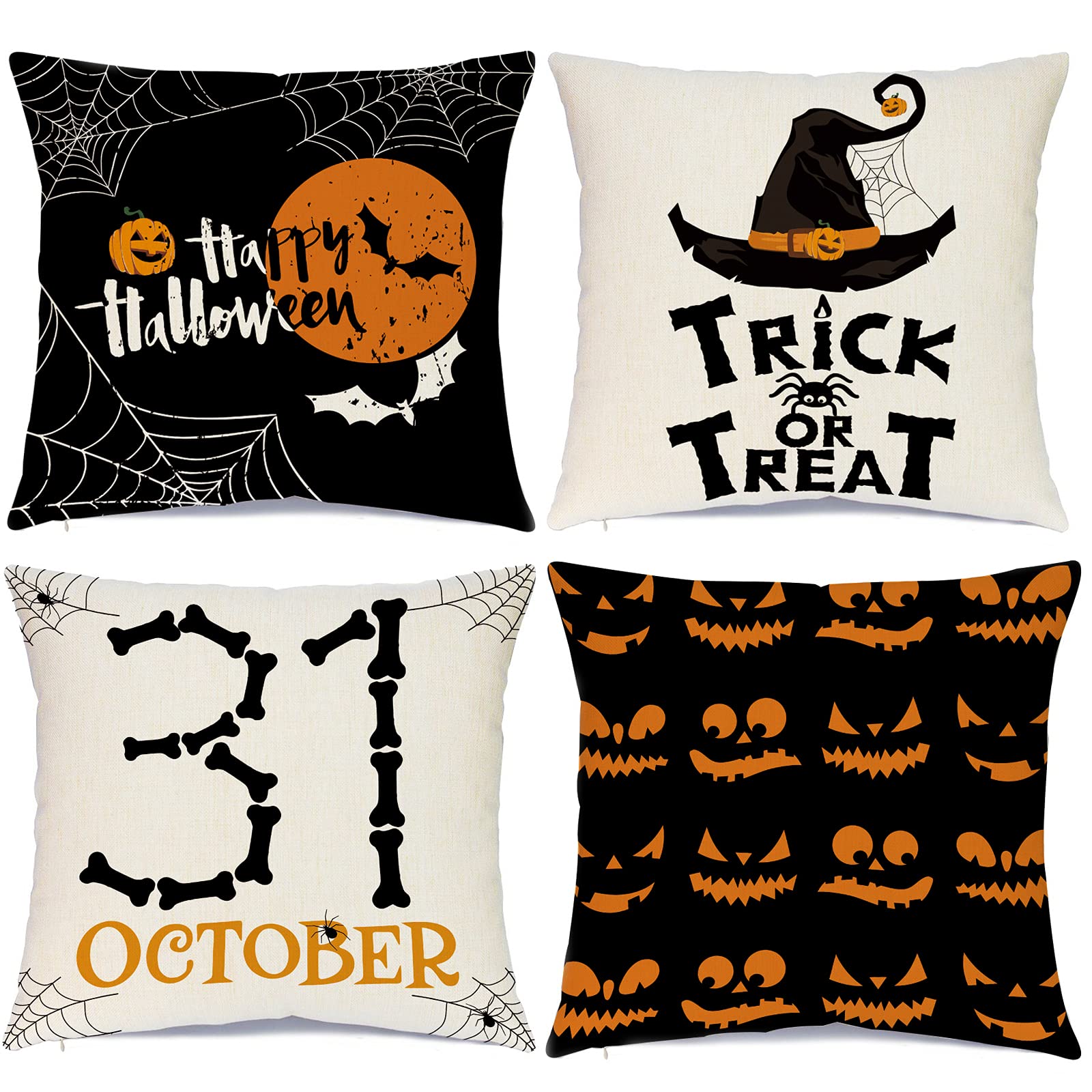 Sadaunbe Halloween Pillow Covers Set of 4 Black Orange 20x20 Inches Linen