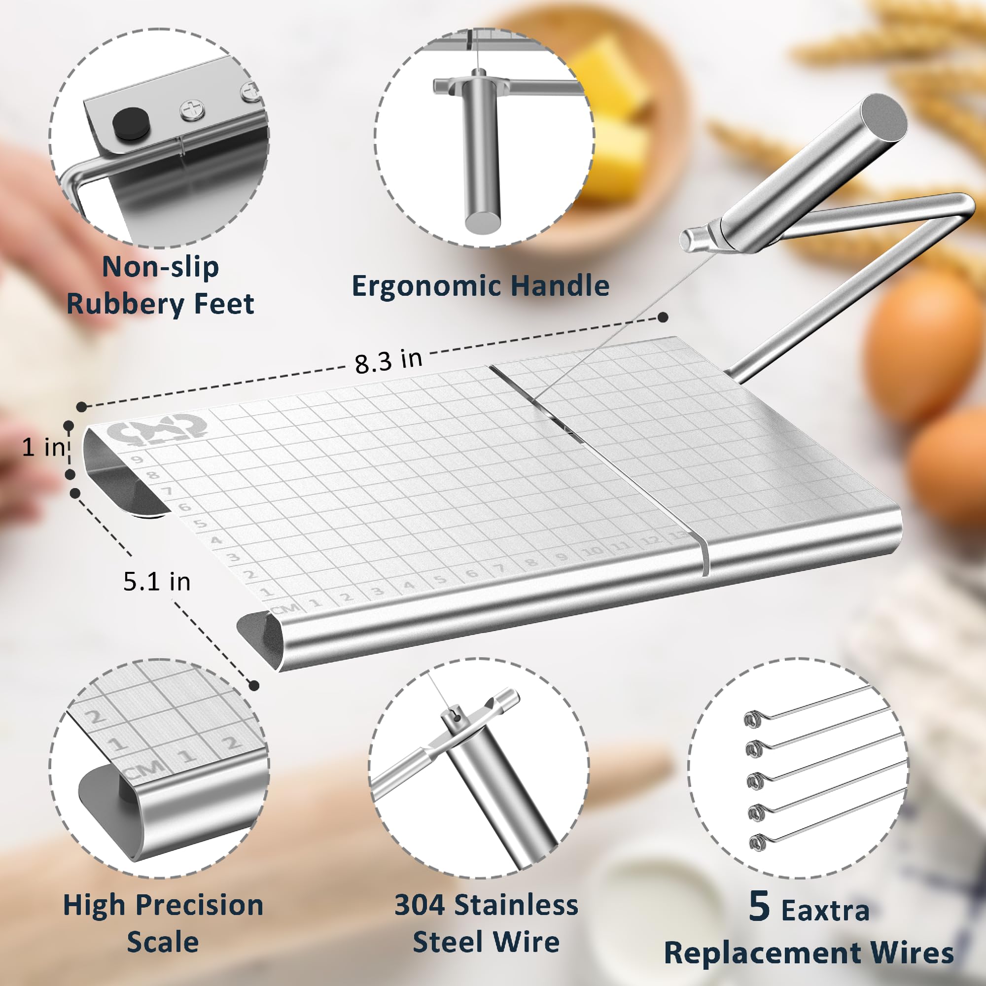 CMDZHF Stainless Steel Cheese Slicer with 5 Replacement Wires Silver