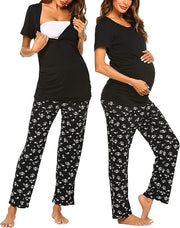 Ekouaer Maternity Nursing Pajama Set Breastfeeding Sleepwear Black Flower Size S