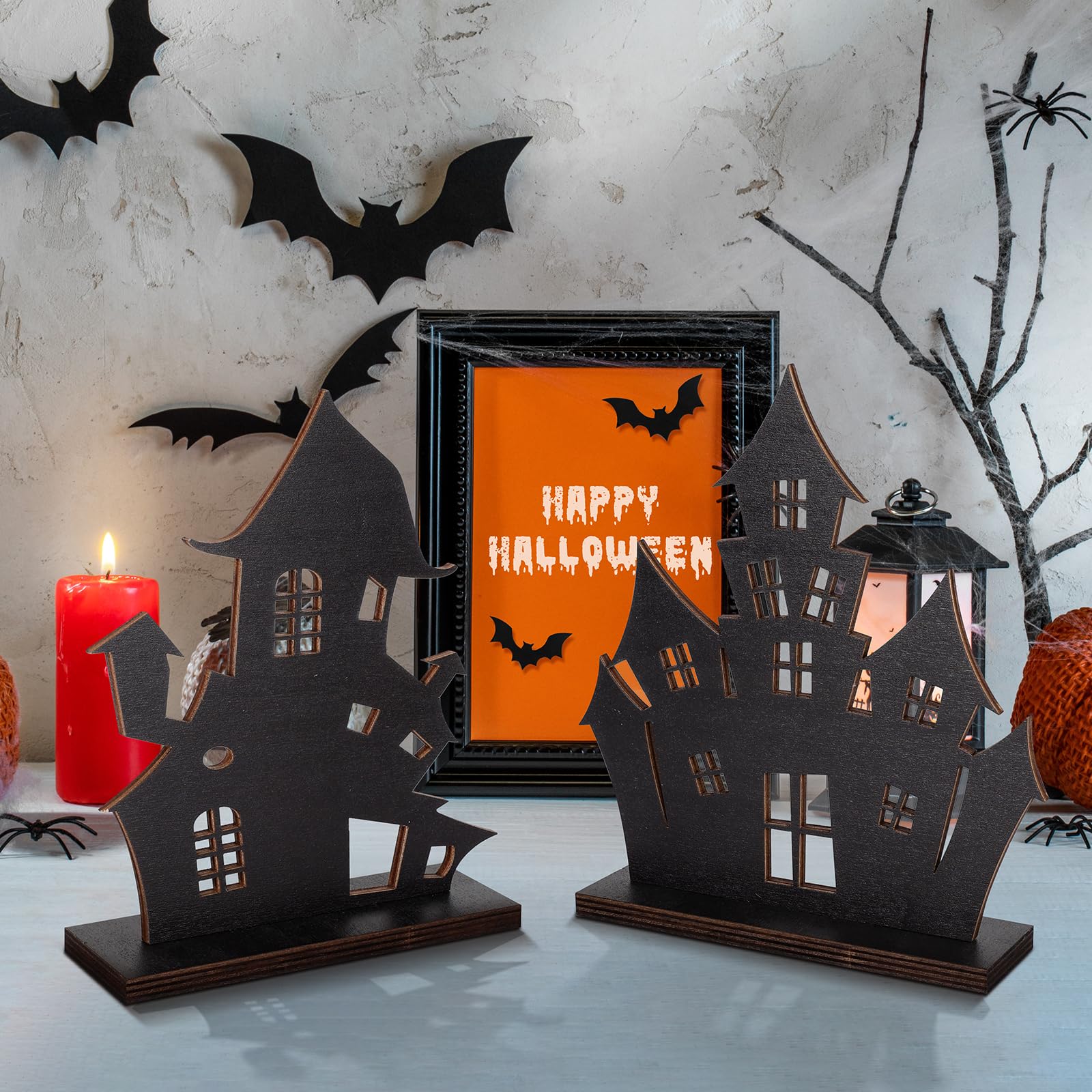 YLOLUL 6 Pcs Halloween Wooden Haunted House Table Centerpiece Decorations