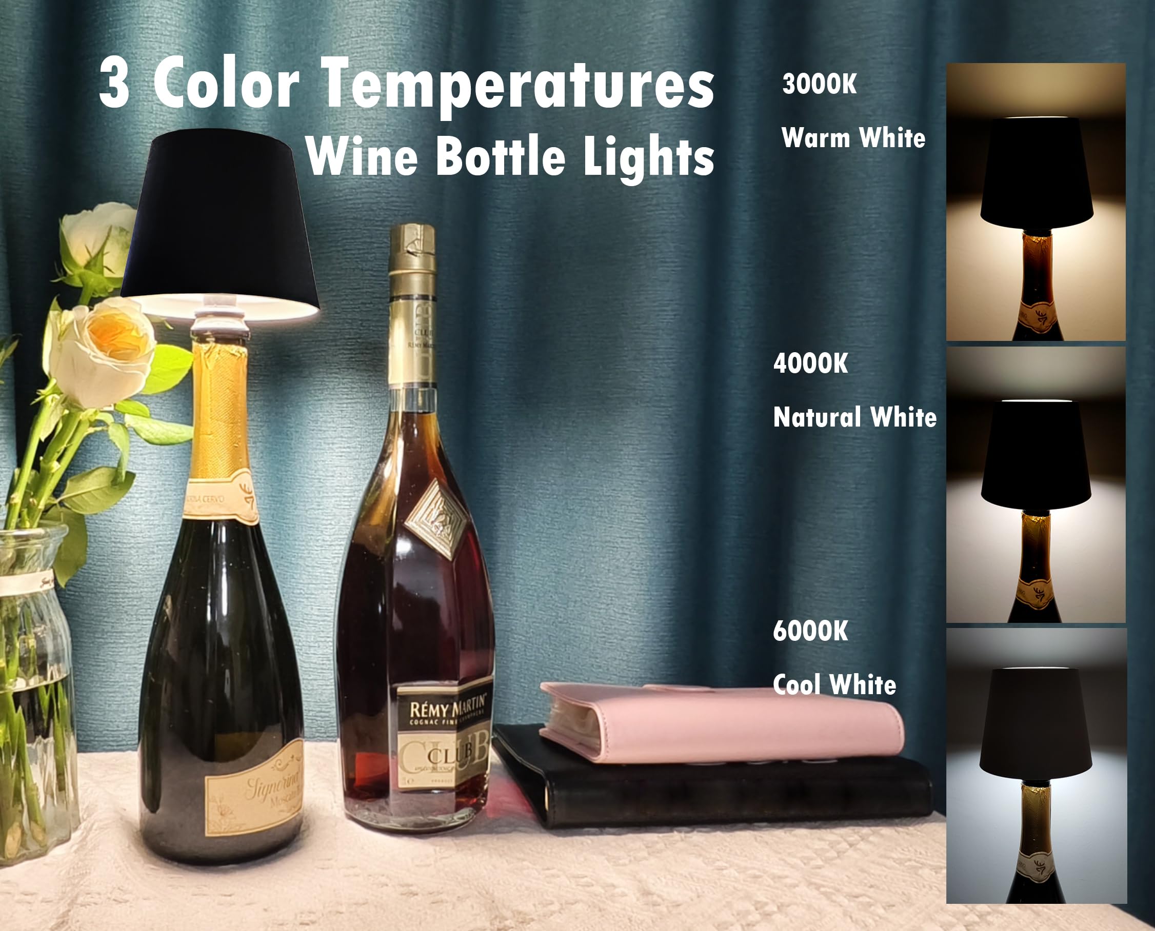 BENCAMAO Wireless Rechargeable Wine Bottle Lamp 3 Color Black