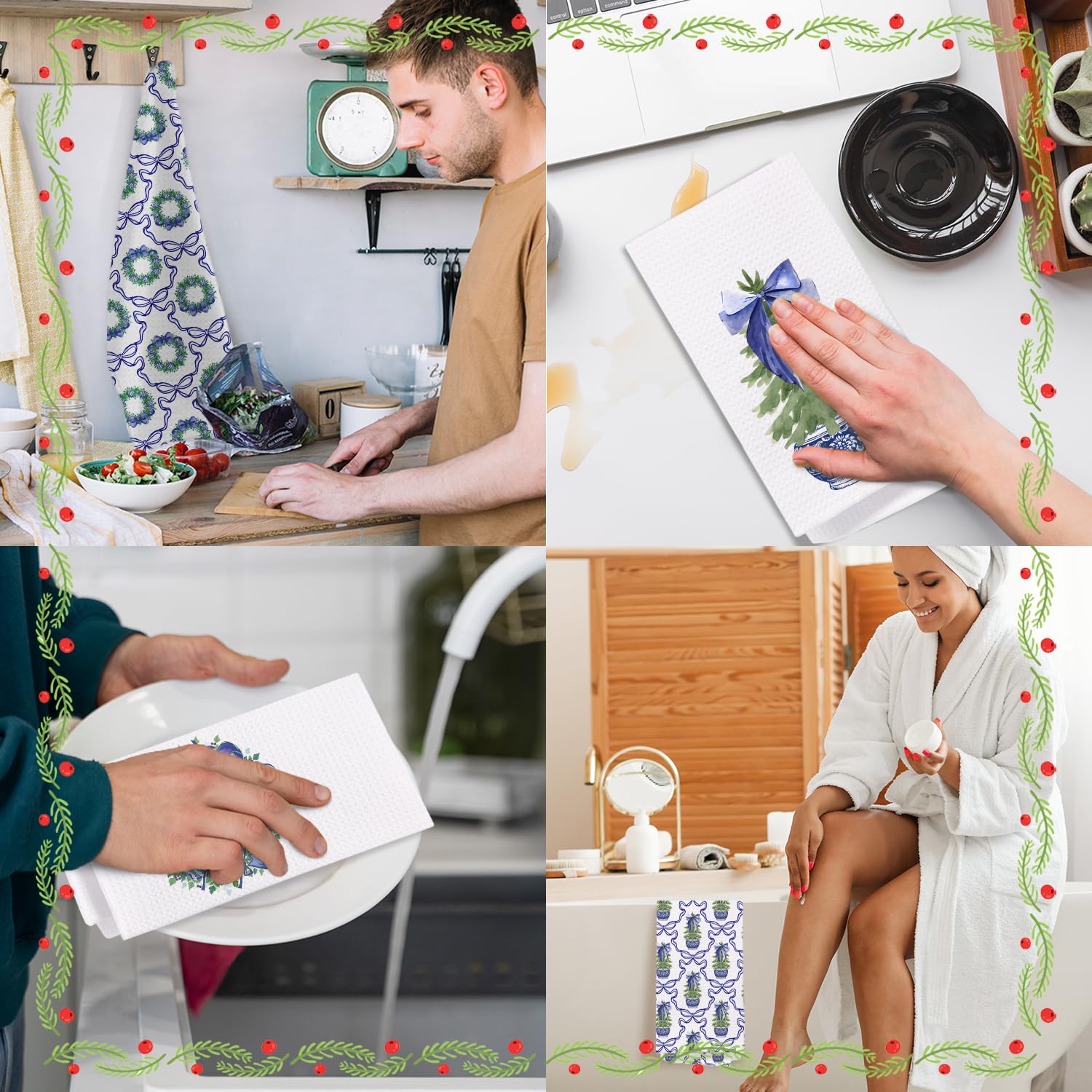 Chinoiserie Christmas Kitchen Towels Set of 2 Pink Bow 16x24 Inches