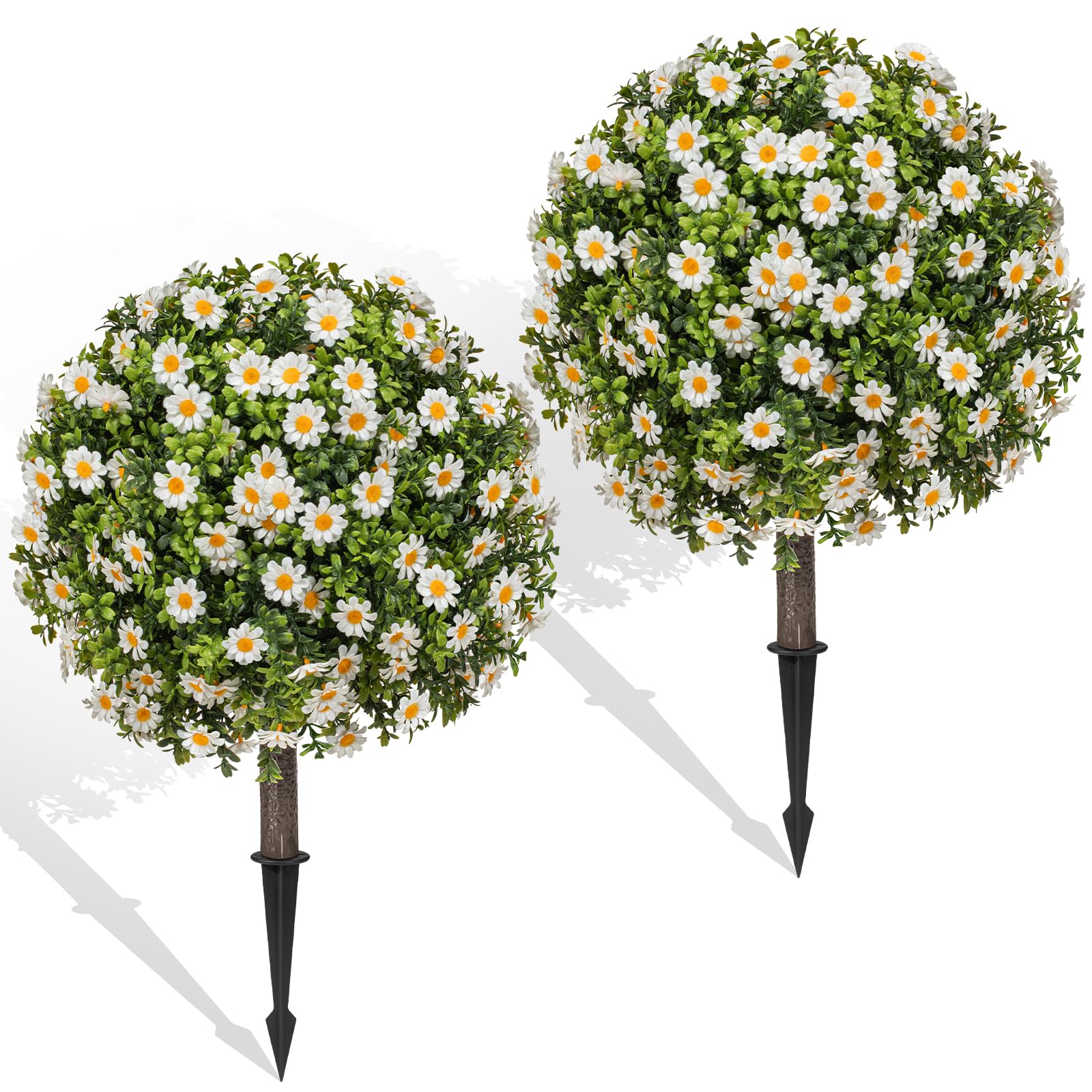 Grewyear Set of 2 Artificial Topiary Ball Trees with White Mum Outdoor