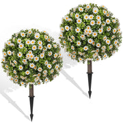 Grewyear Set of 2 Artificial Topiary Ball Trees with White Mum Outdoor