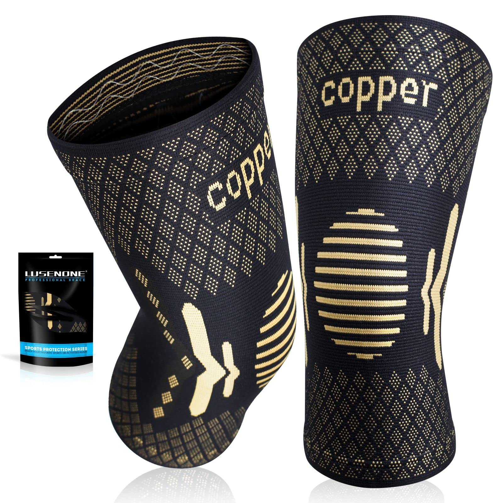 Lusenone Copper Knee Brace Compression Sleeve 2 Pack Copper-Black Size XL