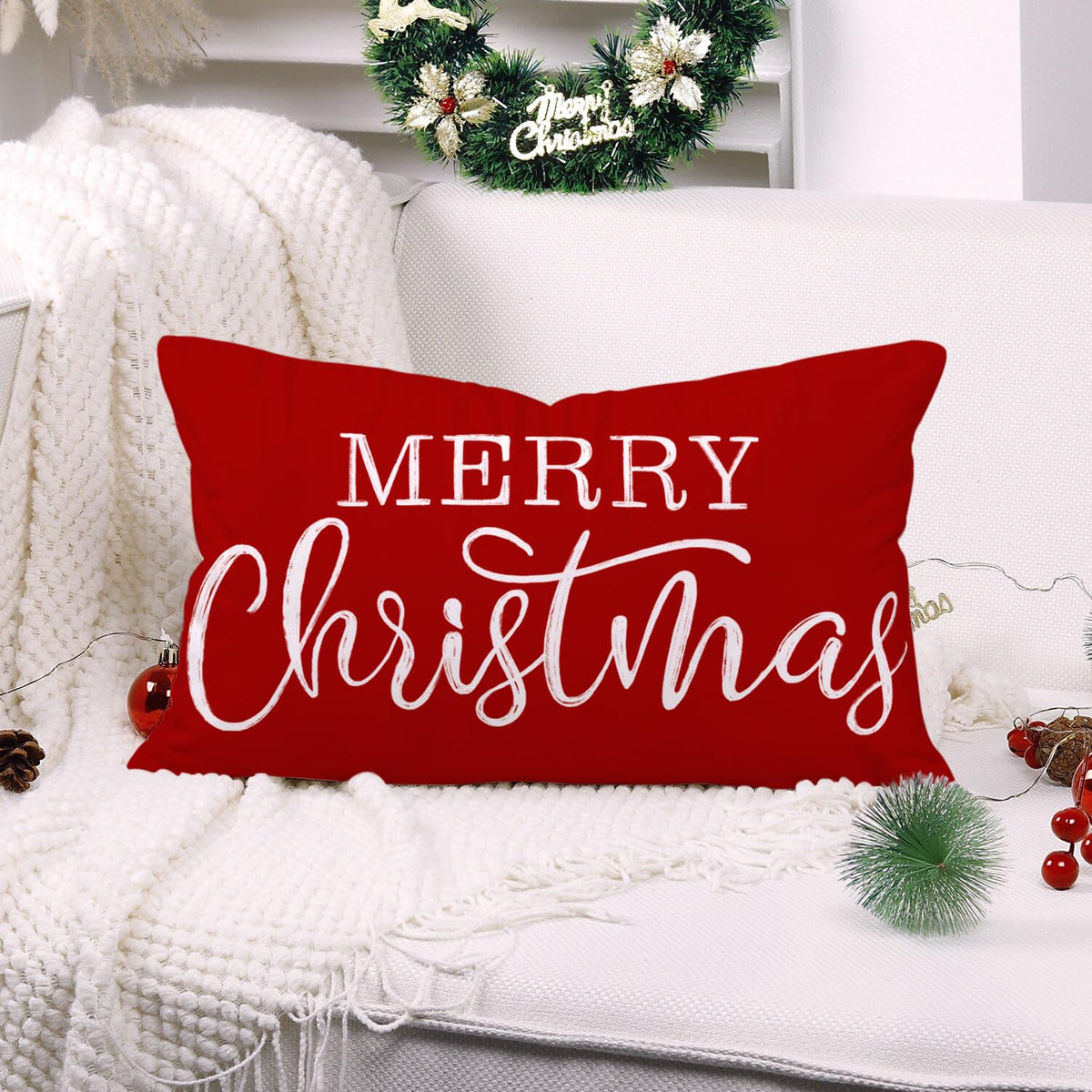 LOMCHEN Red Christmas Lumbar Pillow Cover 12x20 Inches for Xmas Decorations