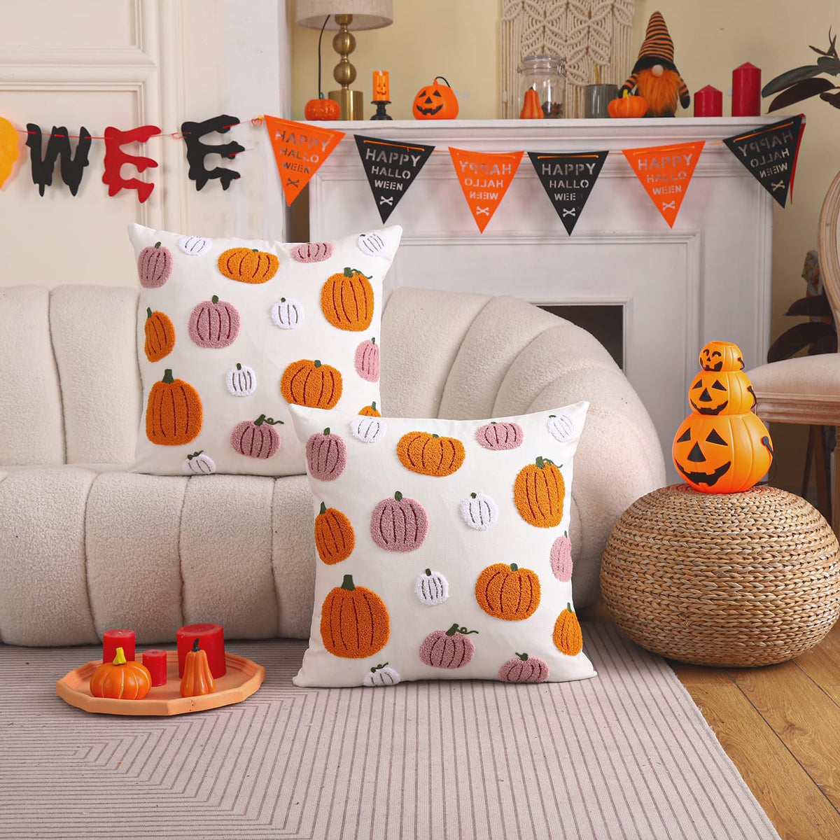 Tosleo Thanksgiving Pillow Covers 20x20 Set of 2 Halloween Pink and Orange Pumpkins Embroidered Pillow Cases Thanksgiving Home Party Pumpkin Fall Decor Pillowcases Cushion Covers