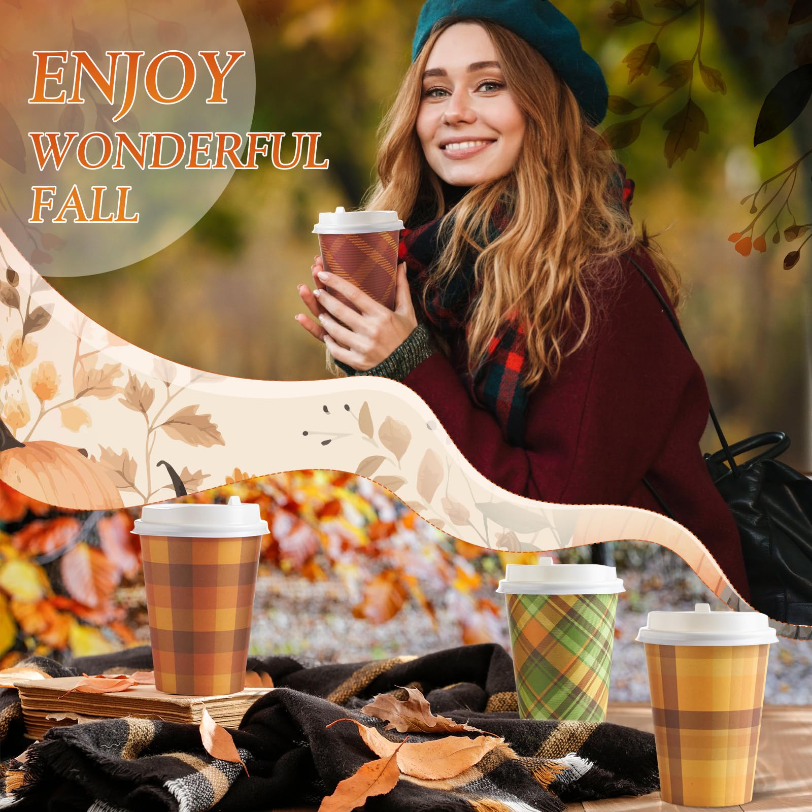 Sunnychicc 120 Pcs 12oz Fall Disposable Coffee Cups with Lids Checkered Design