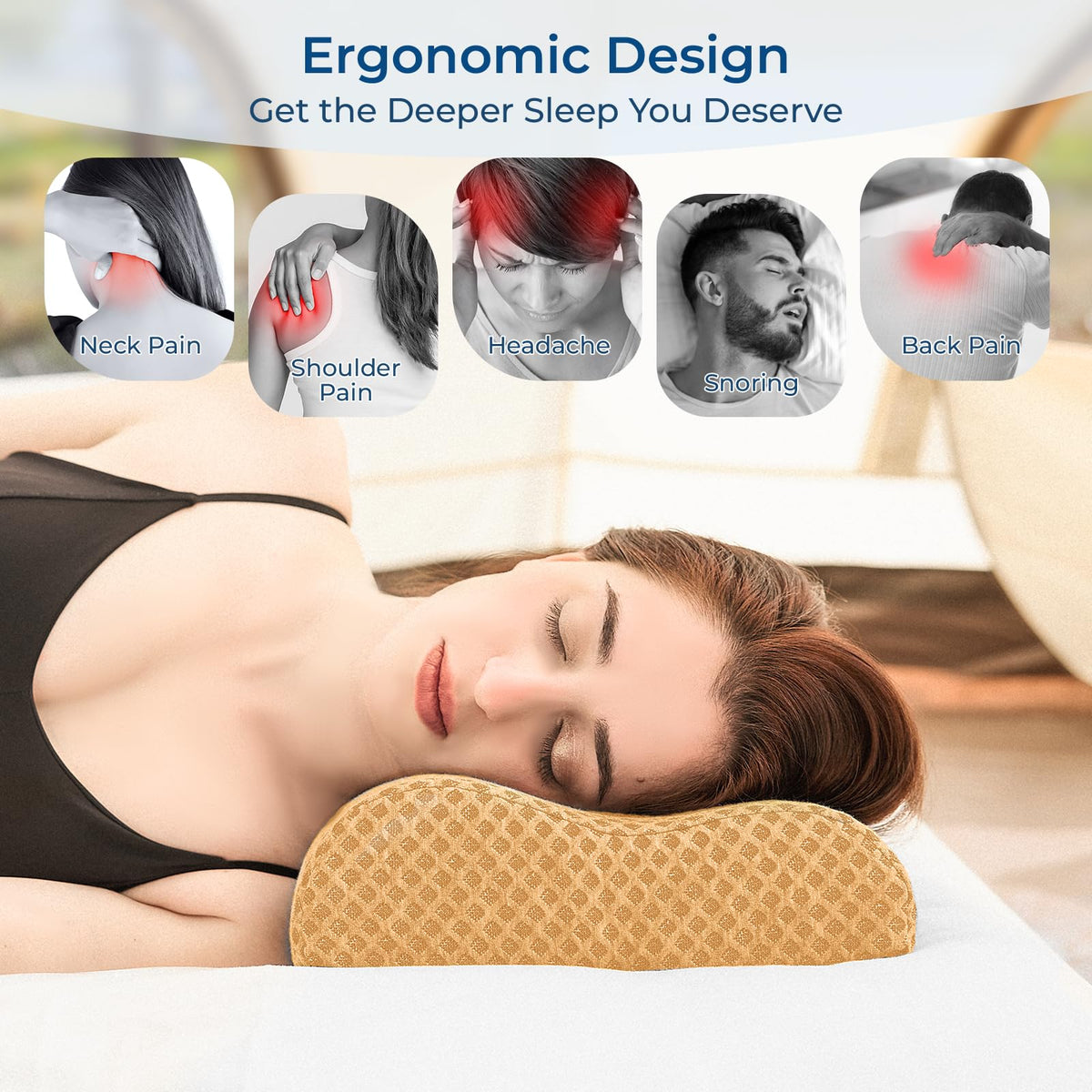 PEUJEW Neck Pillow for Sleeping, Travel Pillow, Camping Pillow, Ergonomic Memory Foam Compressible Medium Firm, Ideal for Home, Bedroom, Office and Camping (Orange, L)