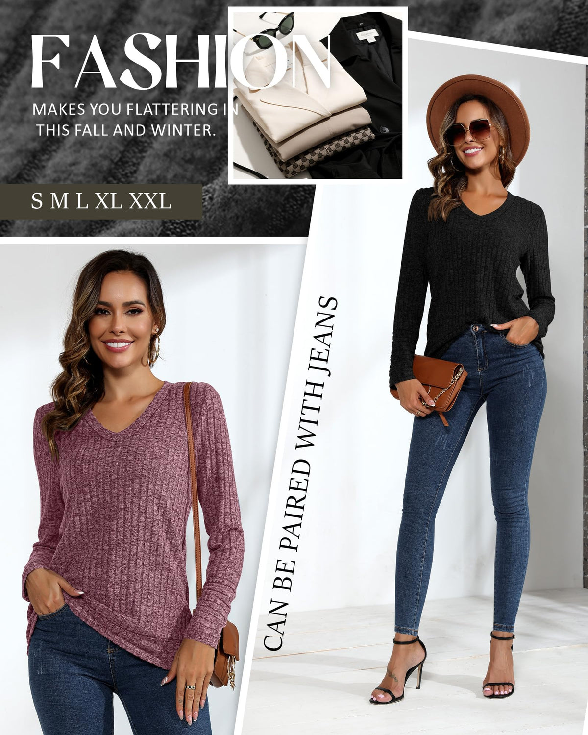 Ficerd 2 Pack Women V Neck Sweaters Long Sleeve Tunic Tops Lightweight Solid Color Casual Tunics Shirts(Small,Black, Coffee)