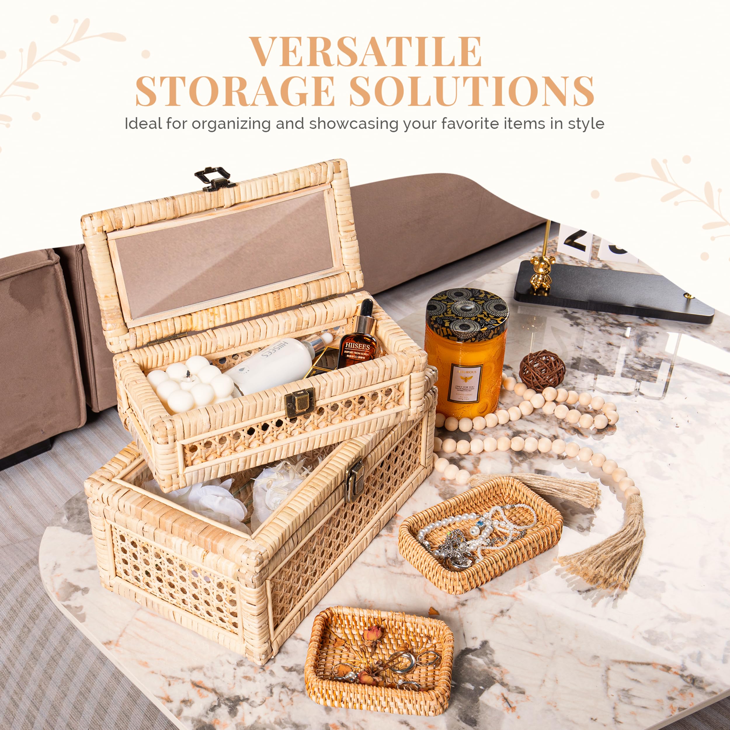 WISATO Rattan Display Boxes with Glass Lids Rectangular Natural Tan Set of 2
