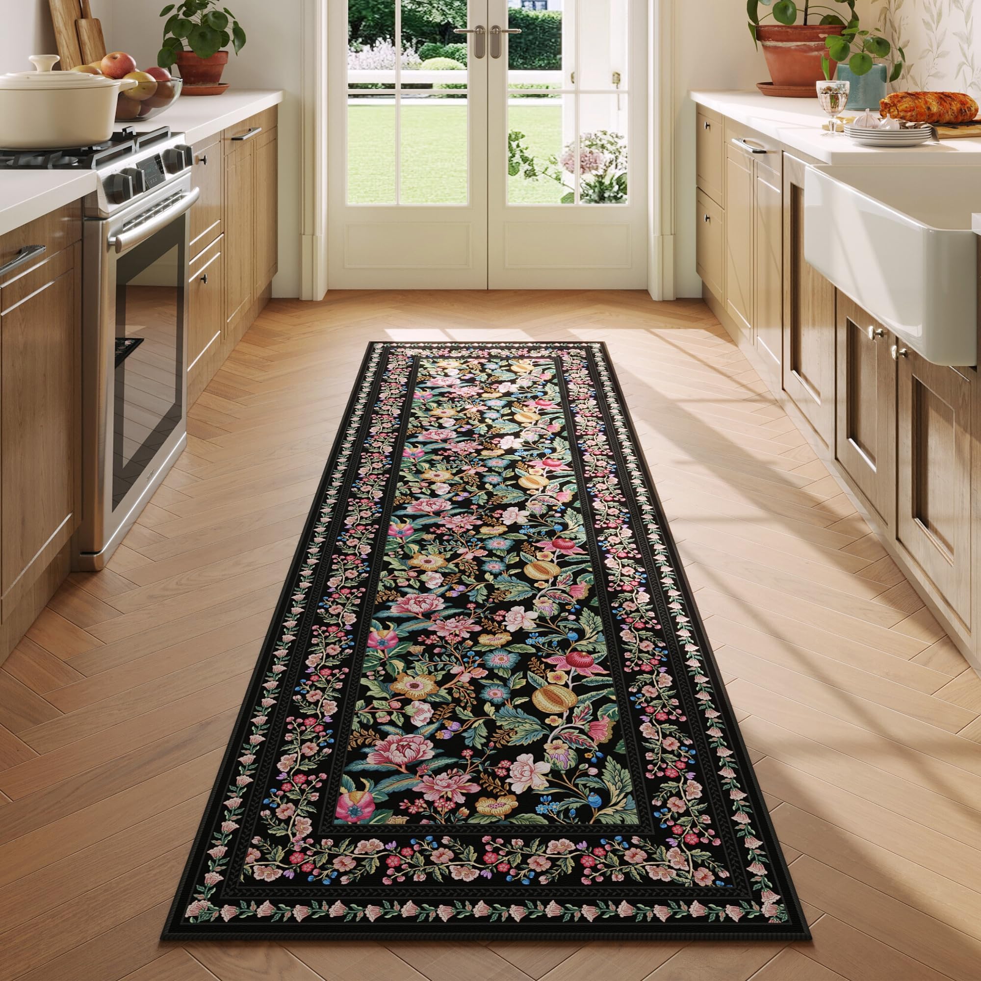 Vowkten Kitchen Runner Rug Non Slip Floral 2'7"x8' Black Polyester Vintage