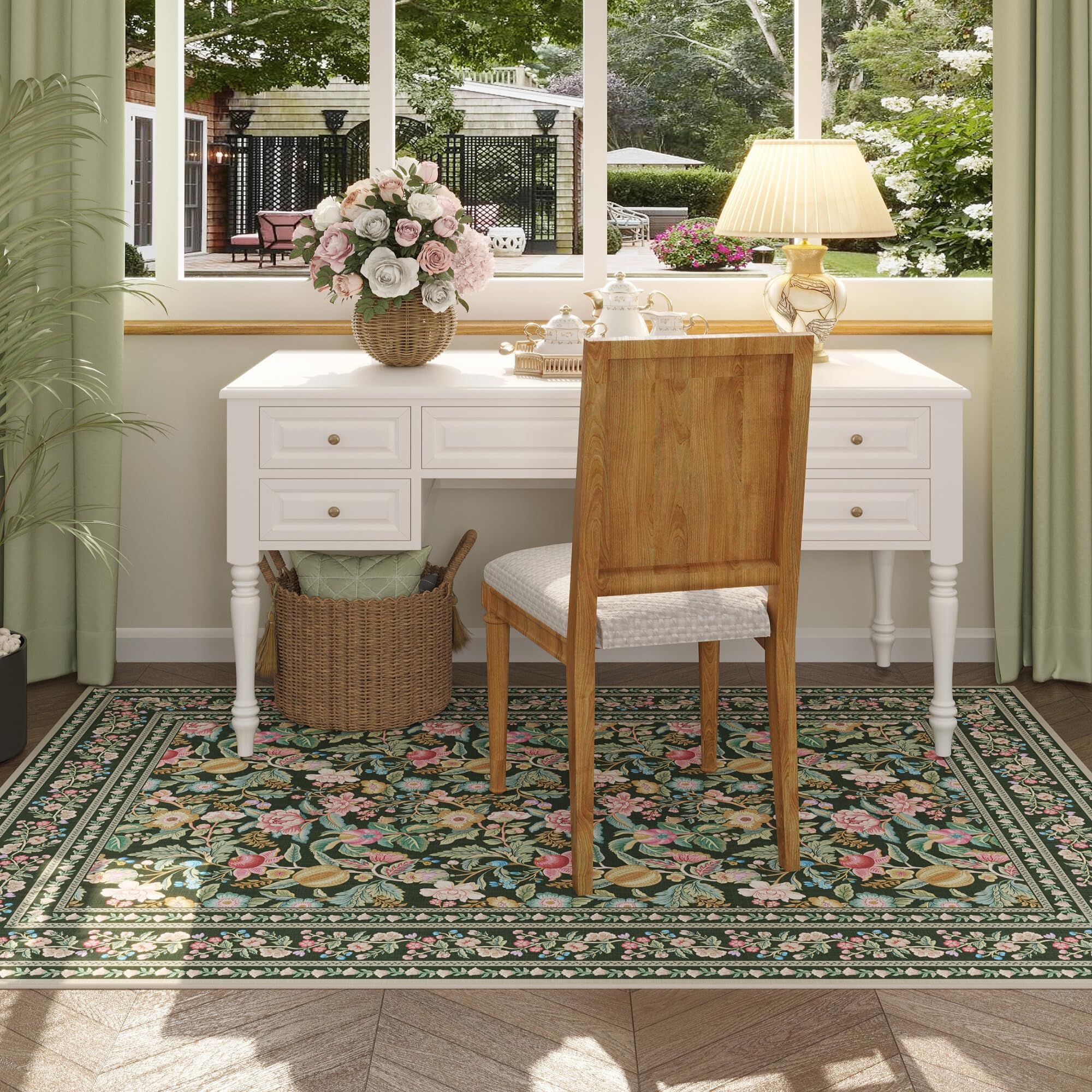 Vowkten 4x6 Washable Vintage Floral Area Rug Non Slip Low Pile Green