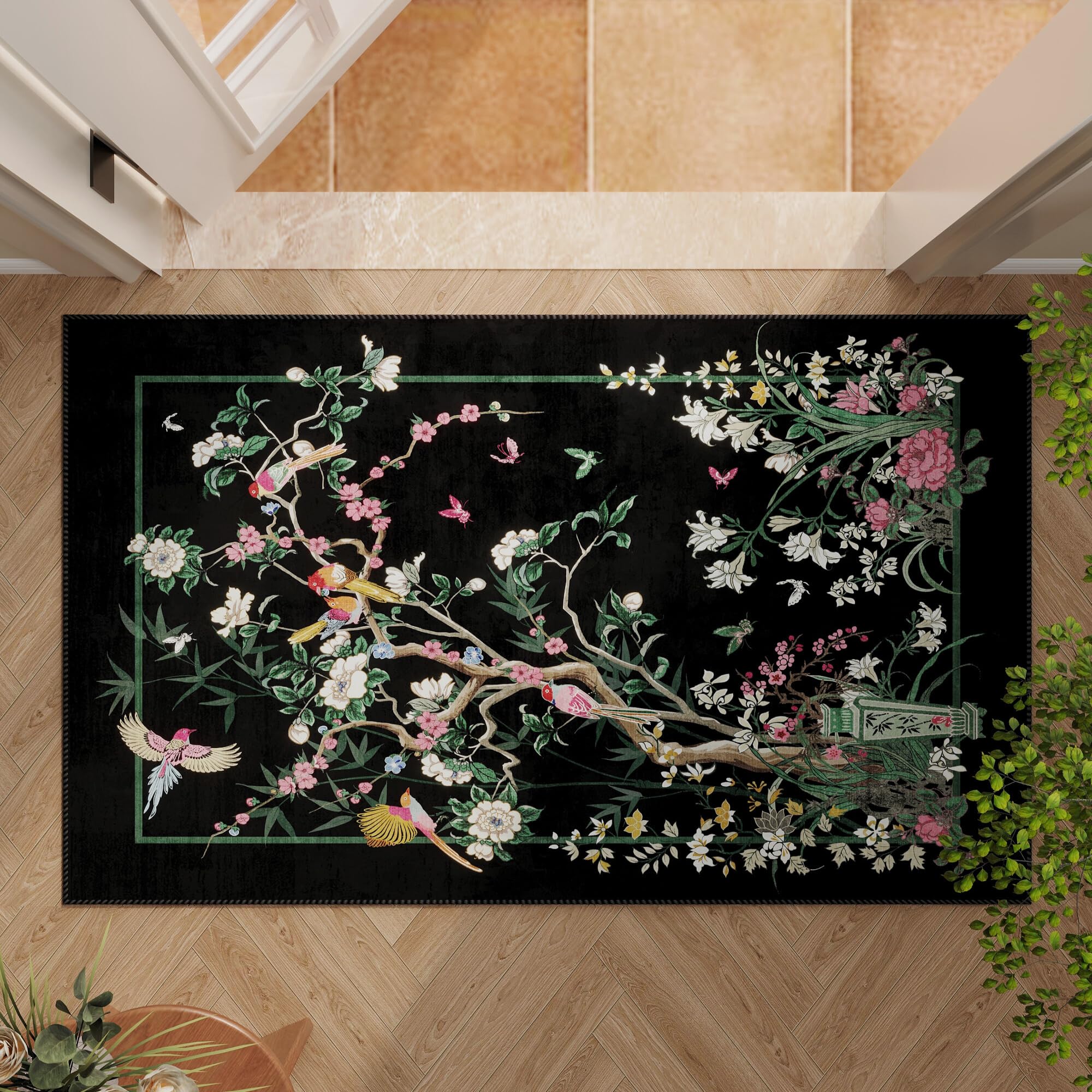 Vowkten Chinoiserie Floral Runner Rug Black Non Slip Washable 2'7x8'