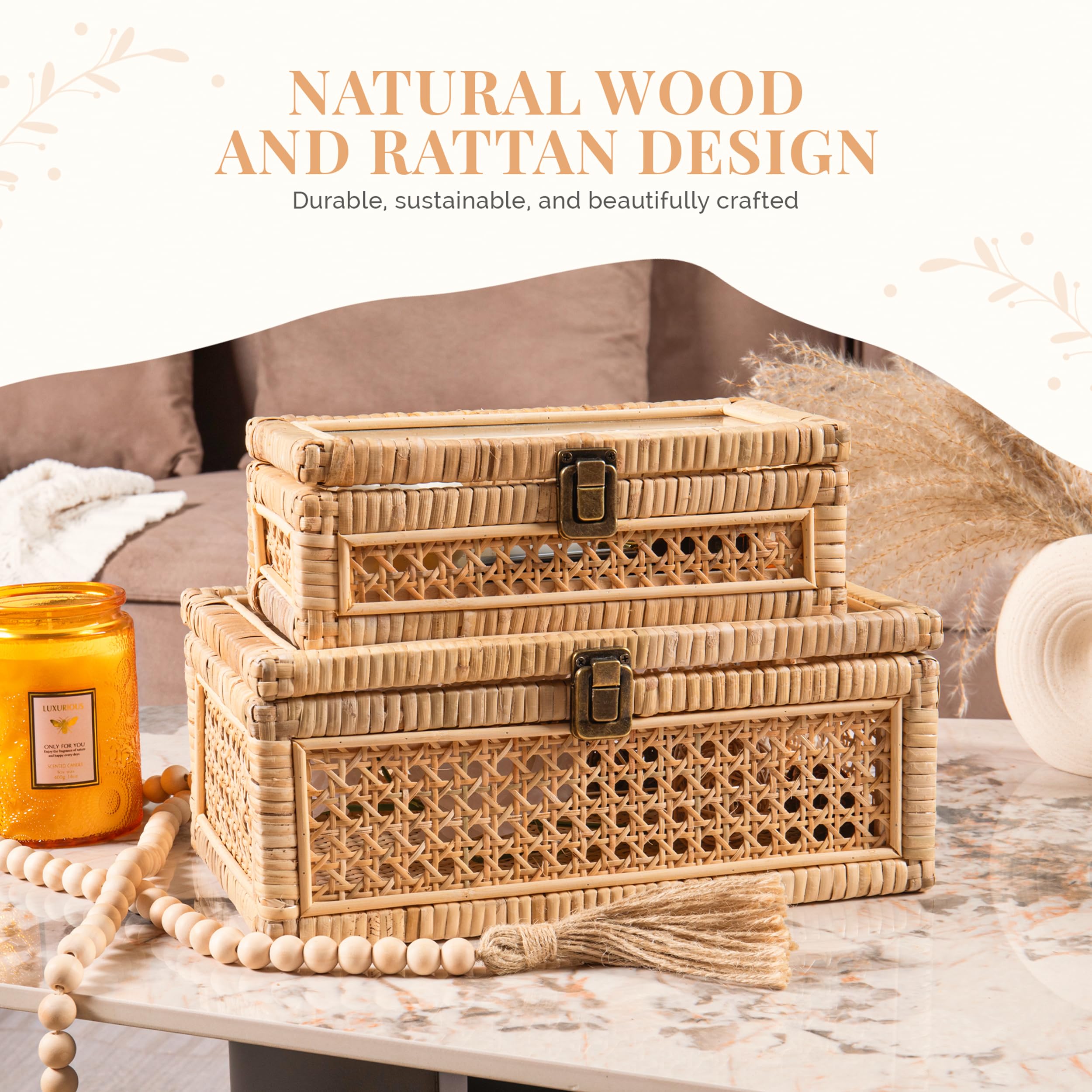 WISATO Rattan Display Boxes with Glass Lids Rectangular Natural Tan Set of 2