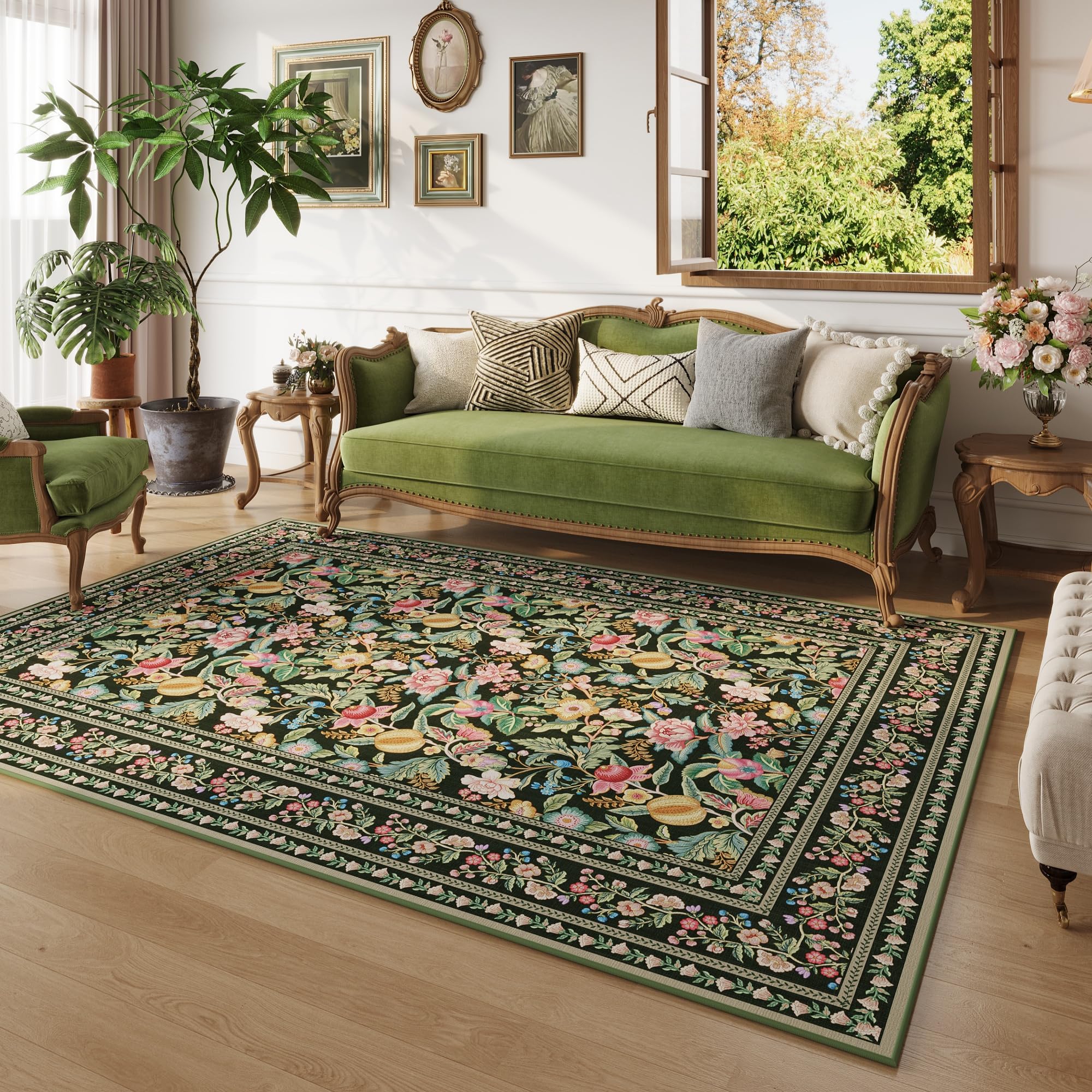 Vowkten 4x6 Washable Vintage Floral Area Rug Non Slip Low Pile Green