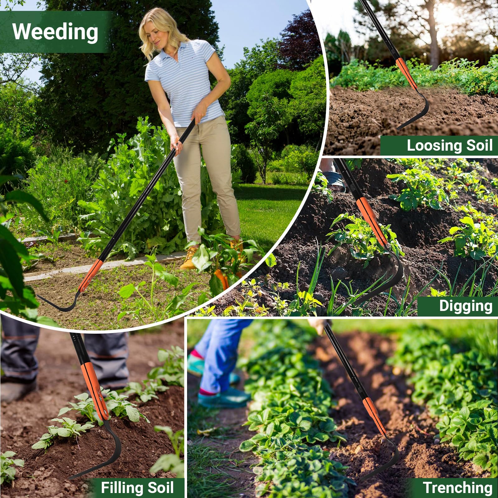 ABtool Hula Garden Hoe 71" Long Handle Orange L-Shaped Three-Sided Blade