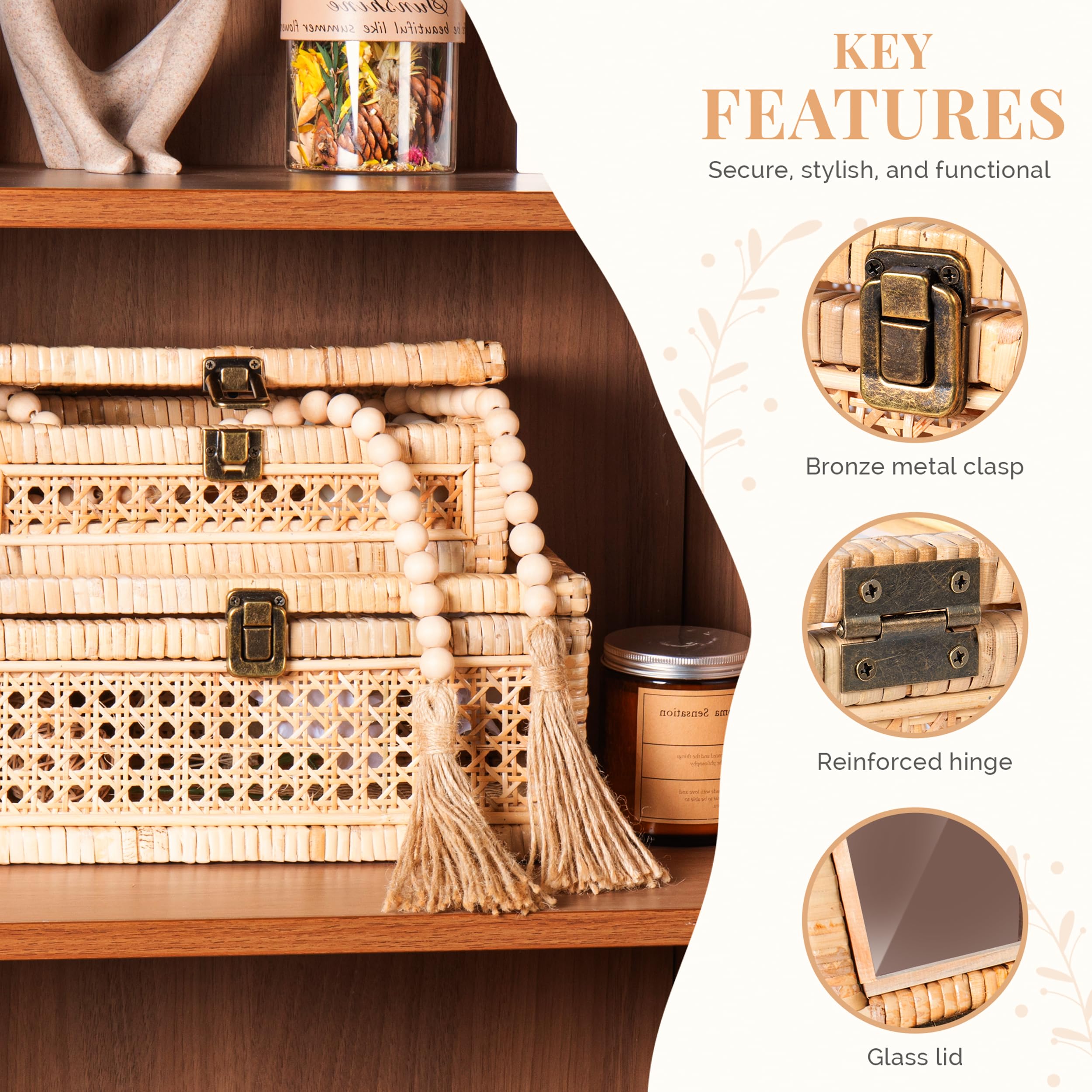 WISATO Rattan Display Boxes with Glass Lids Rectangular Natural Tan Set of 2