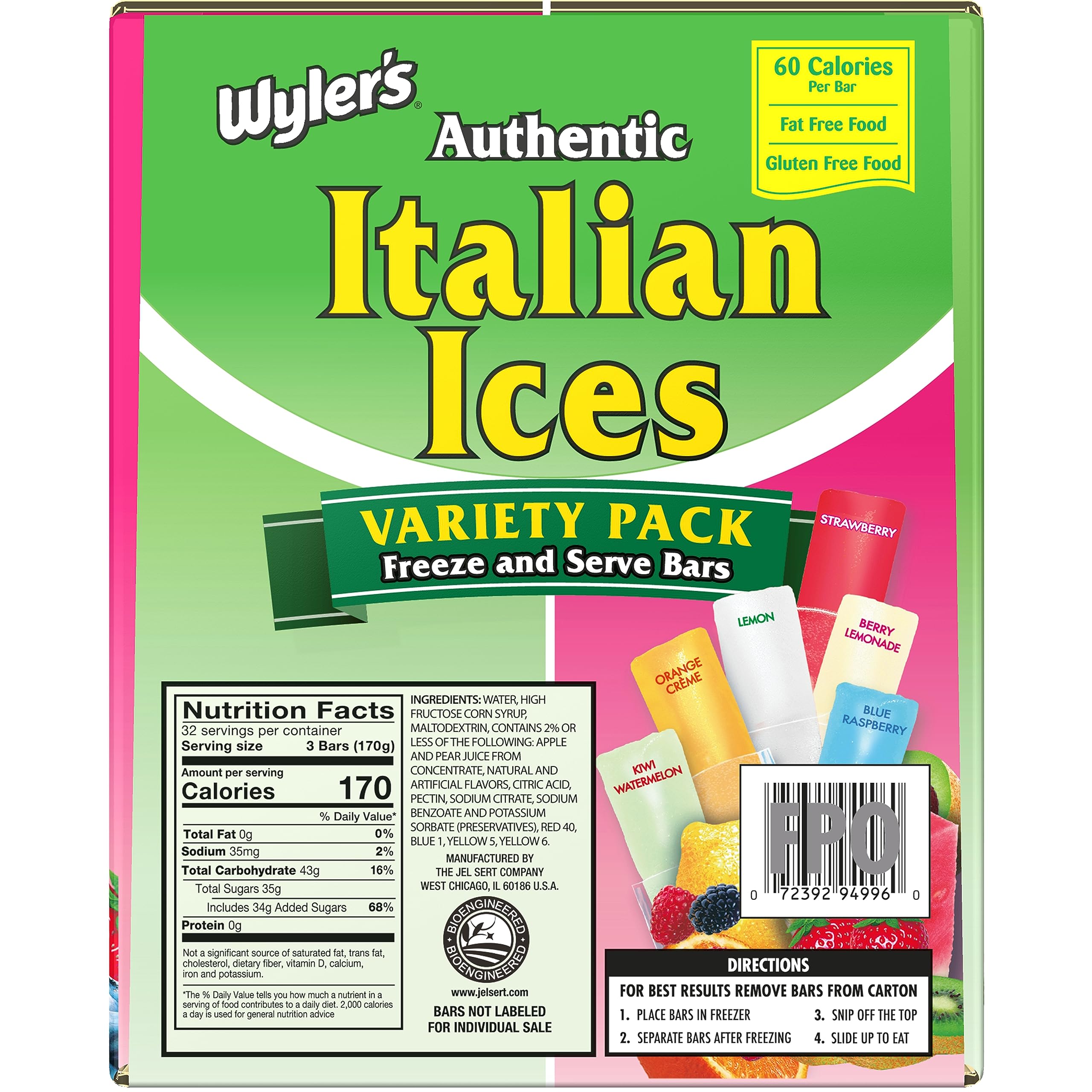 BestBy07/27 Wyler's Authentic Italian Ice Fat Free Freezer Bars 96ct 2oz