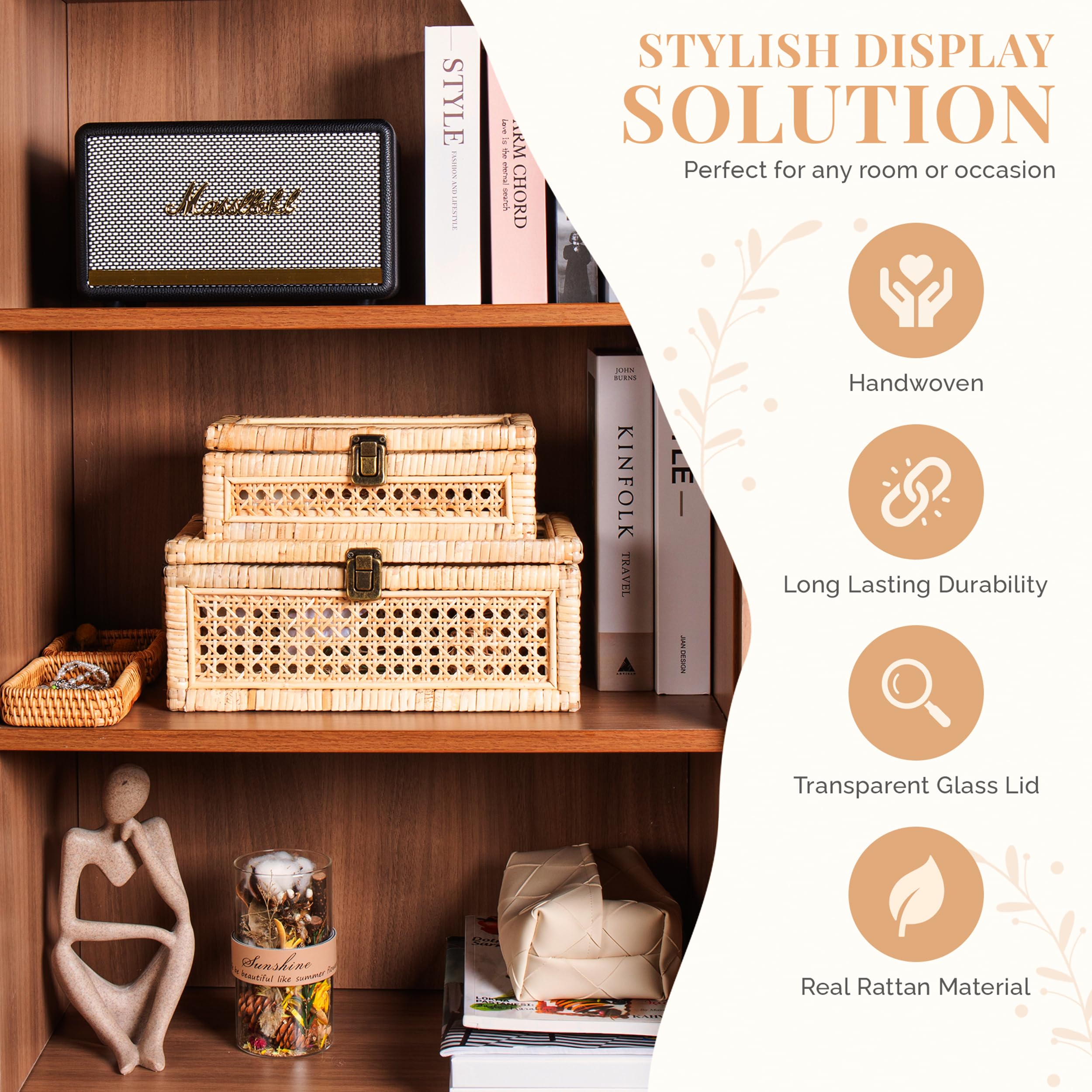 WISATO Rattan Display Boxes with Glass Lids Rectangular Natural Tan Set of 2
