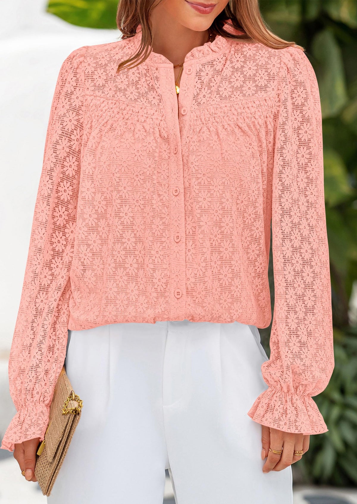 PRETTYGARDEN Women's Pink Eyelet Lace Blouse, Medium