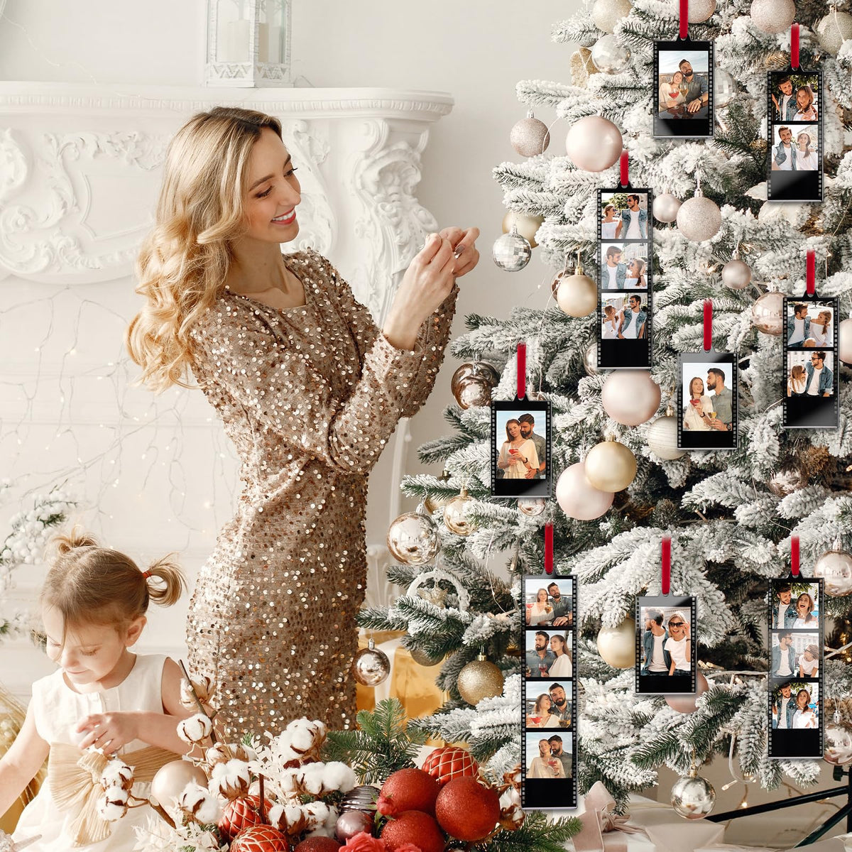 6Pcs Mini Gold & Silver Vintage Acrylic Photo Booth Picture Frame Ornaments - Double-Sided Photos Display, Photo Strip Frame for Polaroid Fuji Film Christmas Tree Car Wreath Fireplace