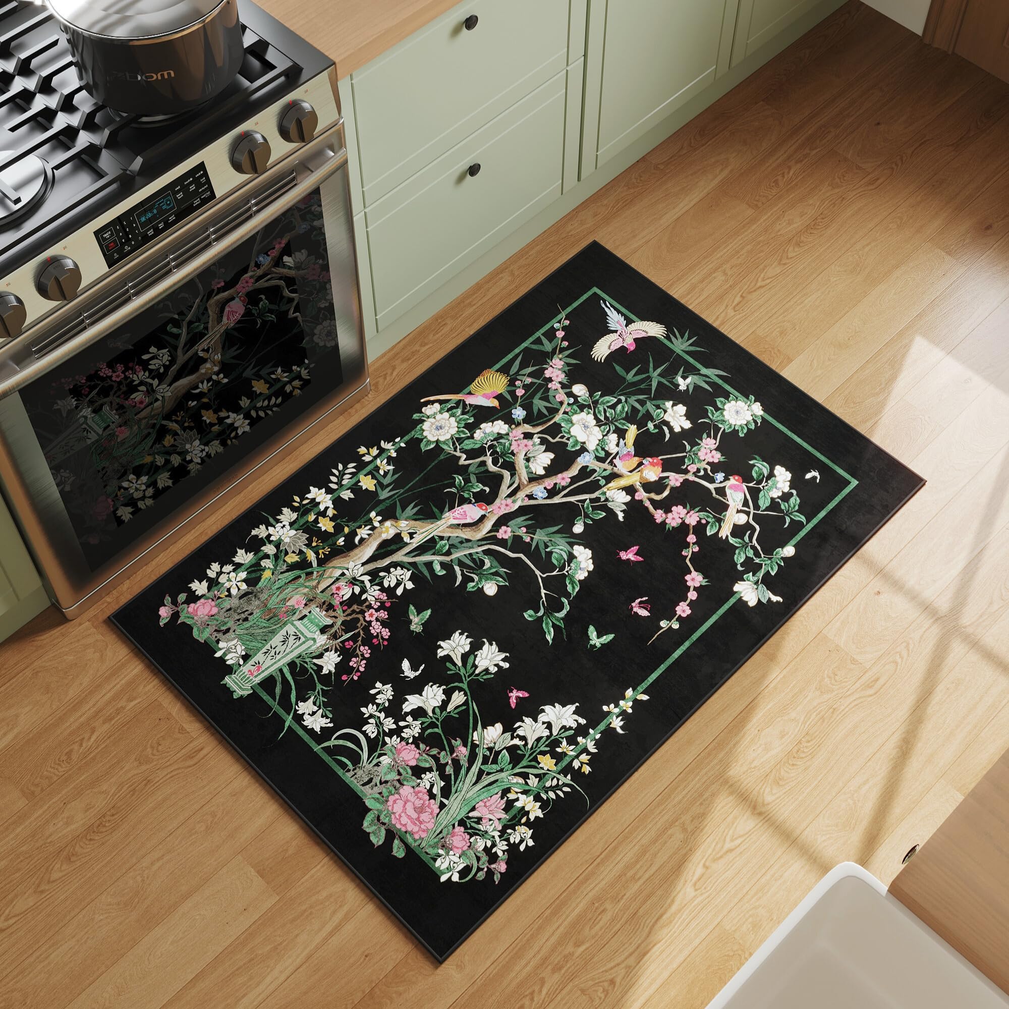 Vowkten Chinoiserie Floral Runner Rug Black Non Slip Washable 2'7x8'