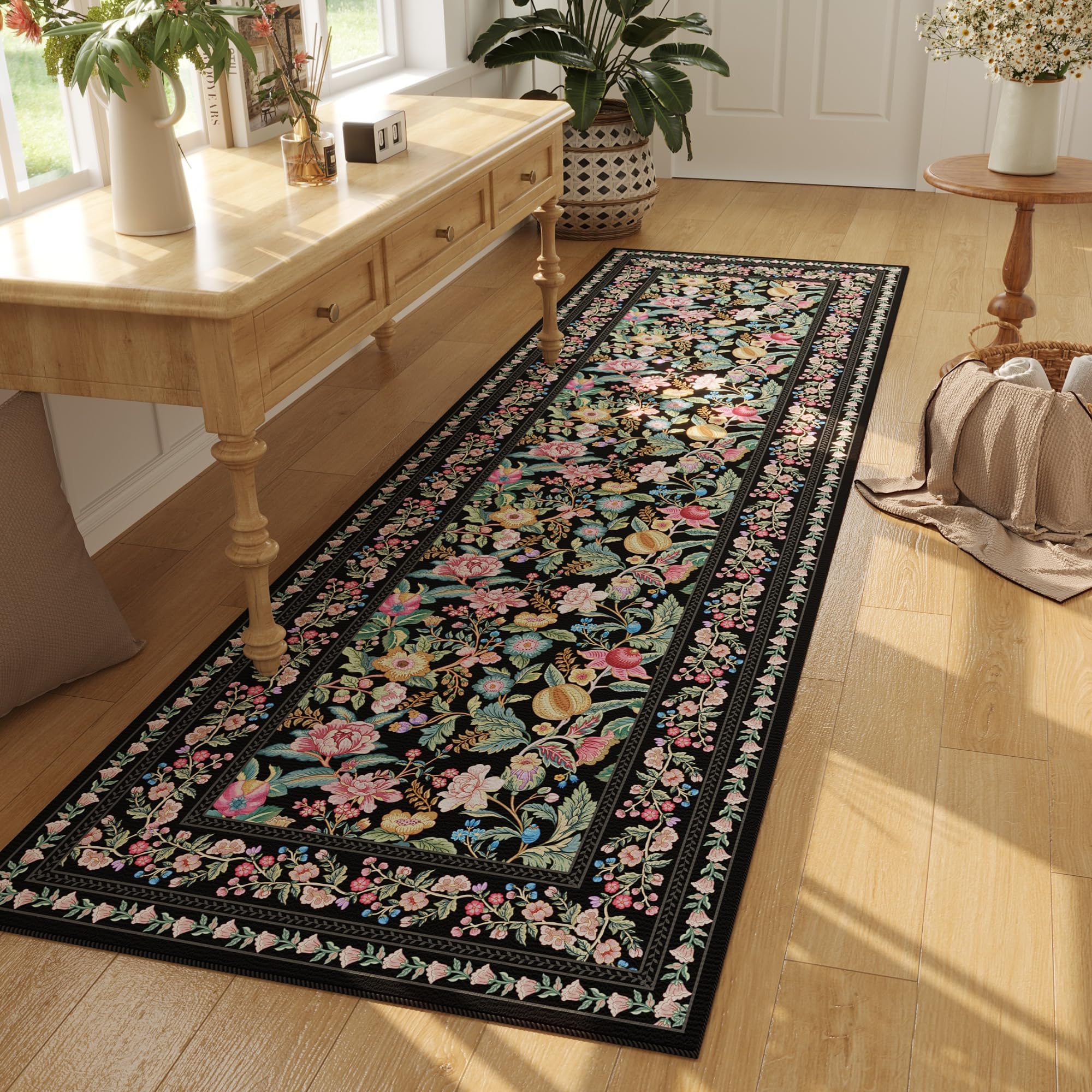 Vowkten Kitchen Runner Rug Non Slip Floral 2'7"x8' Black Polyester Vintage