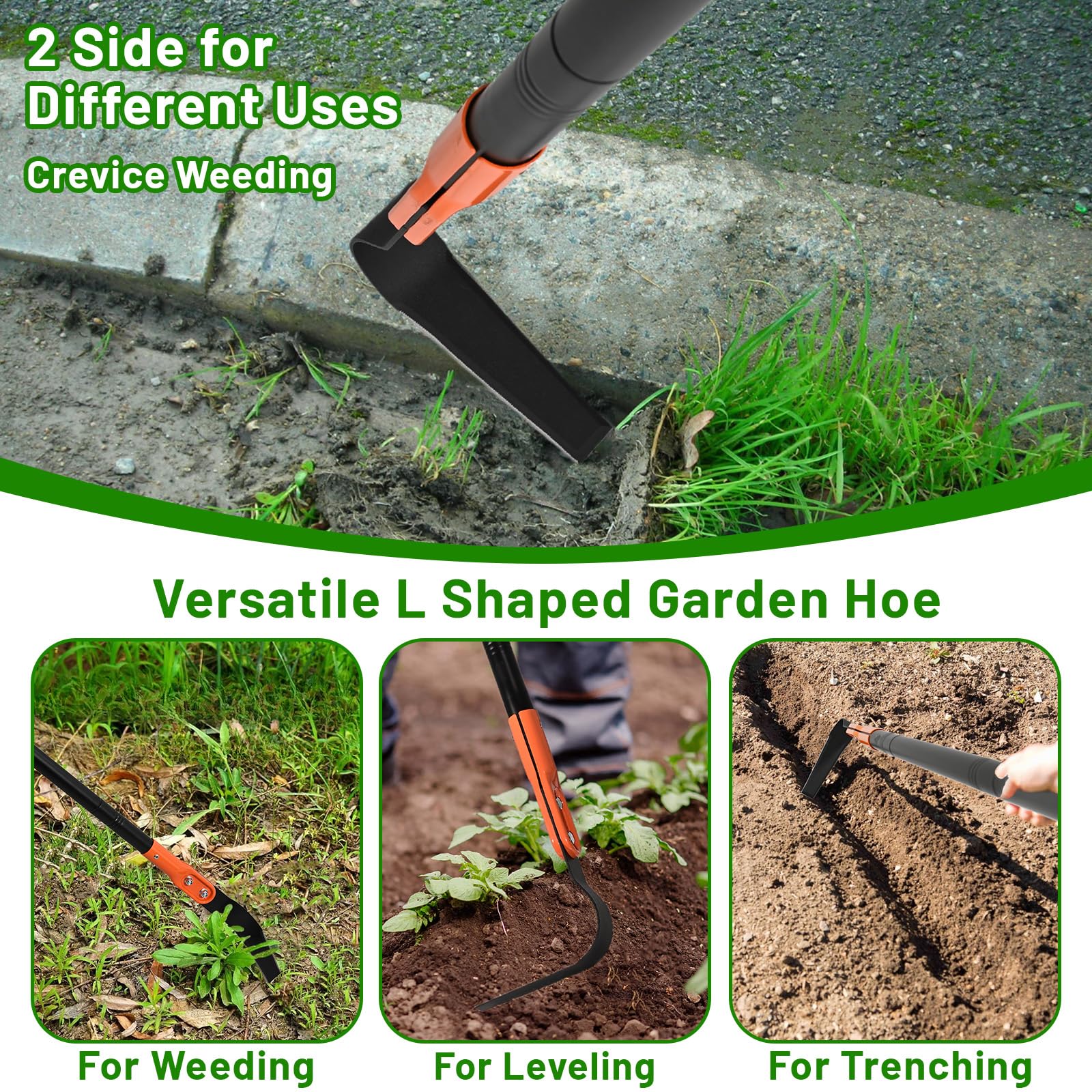 ABtool Hula Garden Hoe 71" Long Handle Orange L-Shaped Three-Sided Blade
