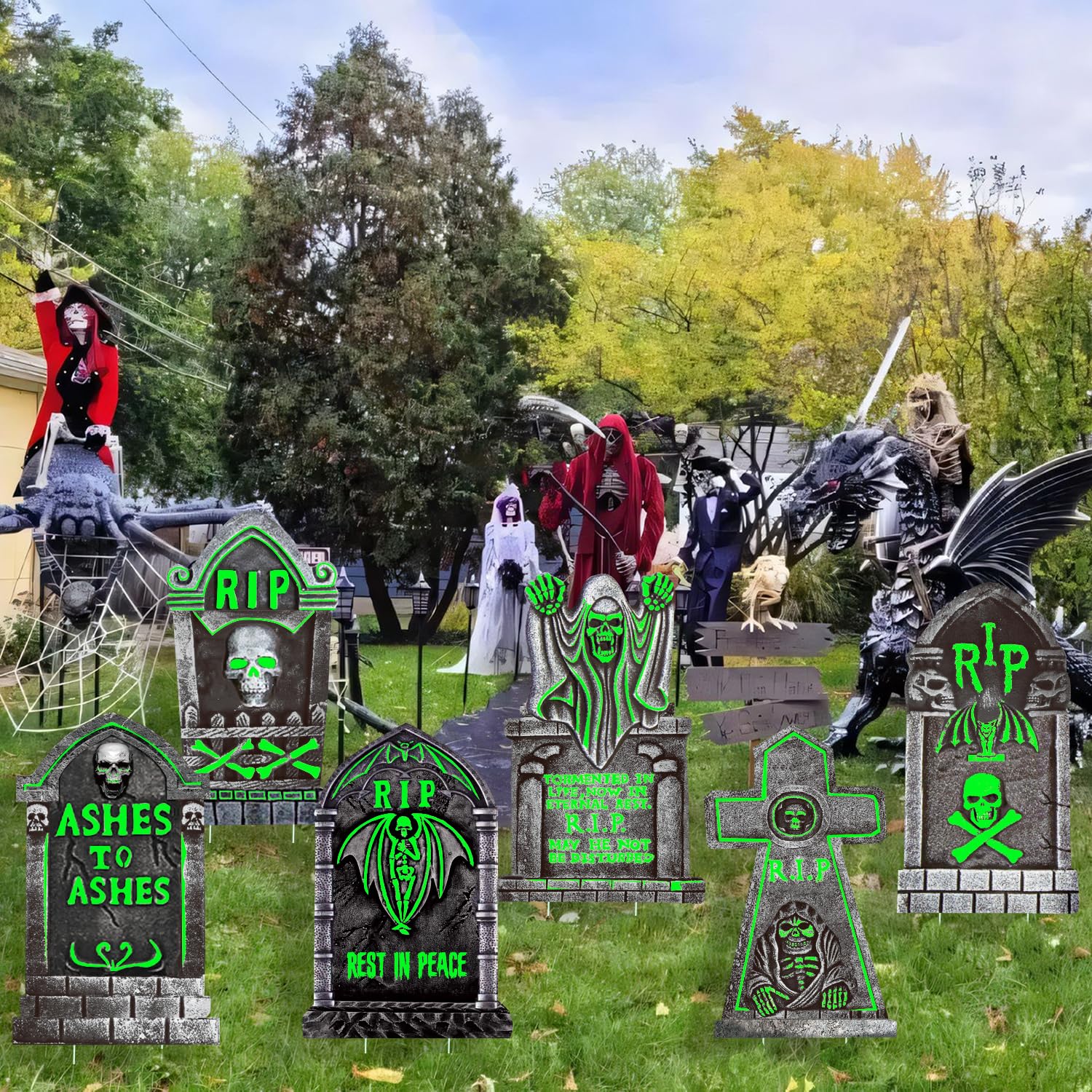CiniQy Halloween Tombstones 6 Pack Light Up 16.5x11.5" Waterproof Outdoor Decor